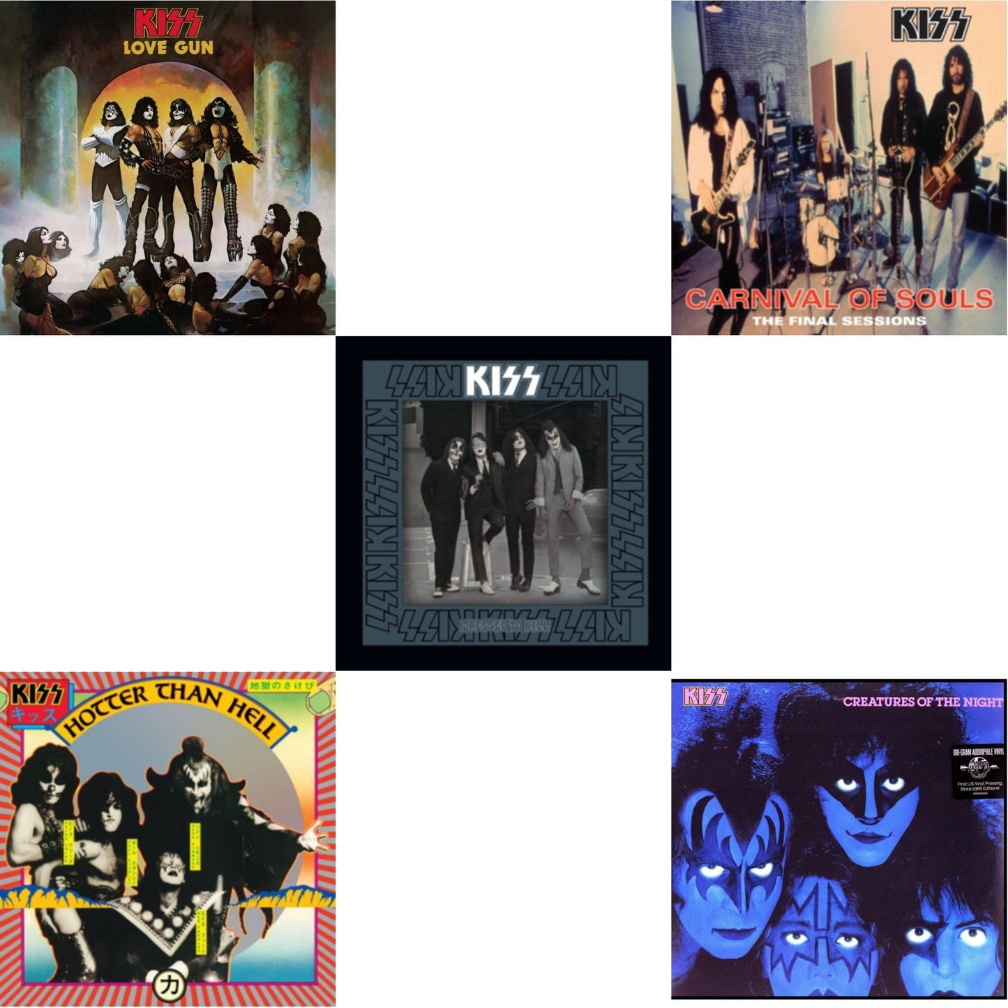 Kiss - Love Gun (Tangerine/Aqua Splatter LP Vinyl) & Hotter Than Hell & Dressed To Kill & Carnival Of Souls & Creatures Of Night