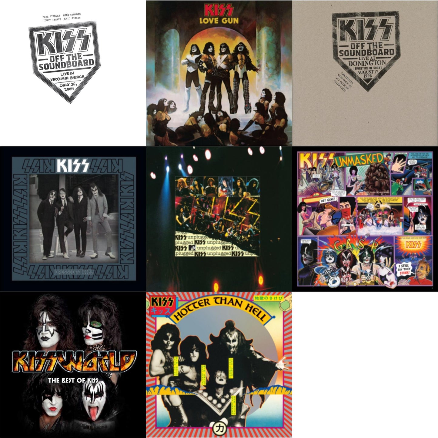 Kiss - Kiss Off The Soundboard: Live In Virginia Beach (3LP) & Kiss Off The Soundboard: Donington 1996 (Live) (3LP) & Hotter Than Hell & Unmasked & Dressed To Kill & Love Gun & Mtv Unplugged & Kissworld - The Best Of Kiss (2 LP)