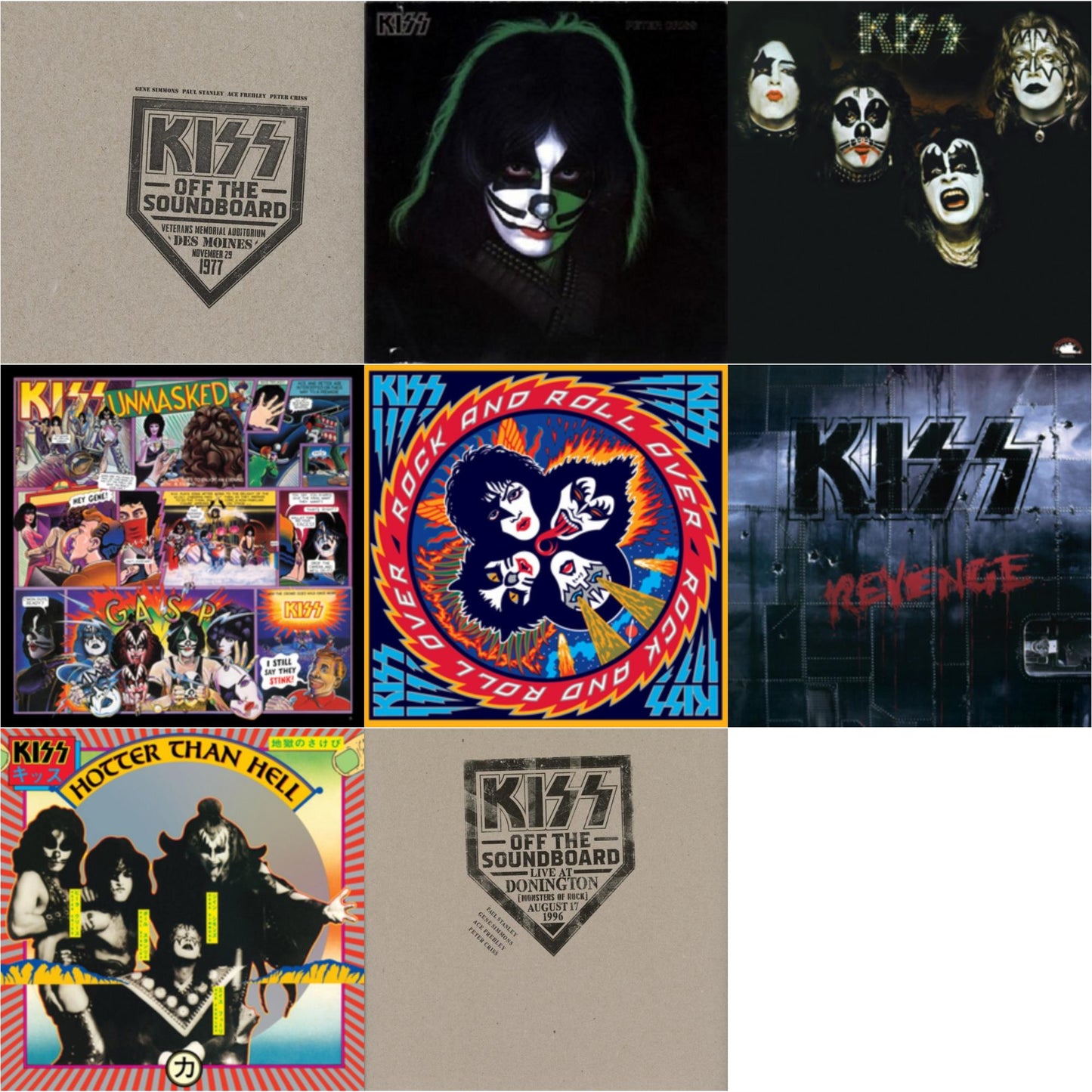 Kiss - Kiss Off The Soundboard: Donington 1996 (Live) (3LP) & Kiss Off The Soundboard: Live In Des Moines (2LP) & Kiss & Revenge & Hotter Than Hell & Unmasked & Rock & Roll Over & Peter Criss