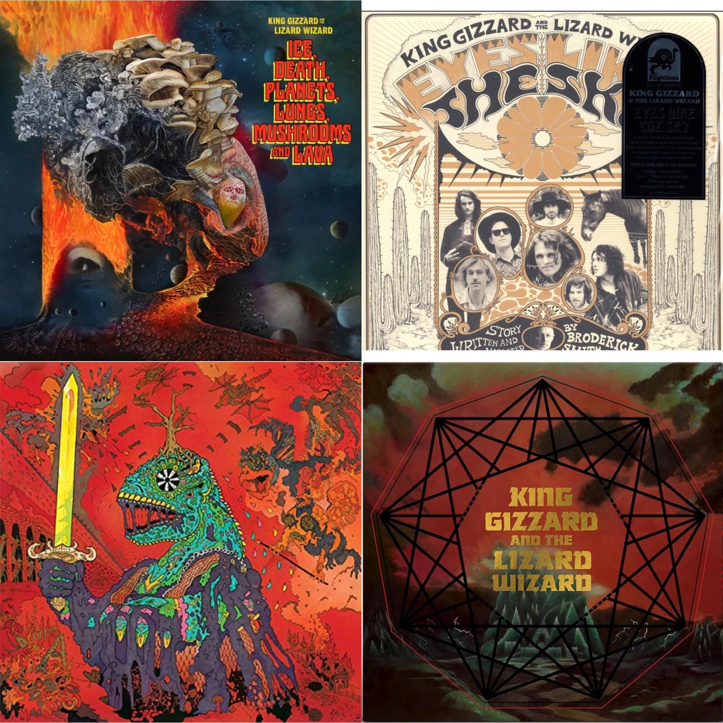 King Gizzard & The Lizard Wizard - Ice, Death, Planets, Lungs, Mushrooms & Lava (2LP/Recycled Black Wax Vinyl) & Eyes Likes The Sky (Peach LP Vinyl) & 12 Bar Bruise (Sea Foam Green LP Vinyl) & Nonagon Infinity (Alien Warp Drive Edition) (2LP/Coloured
