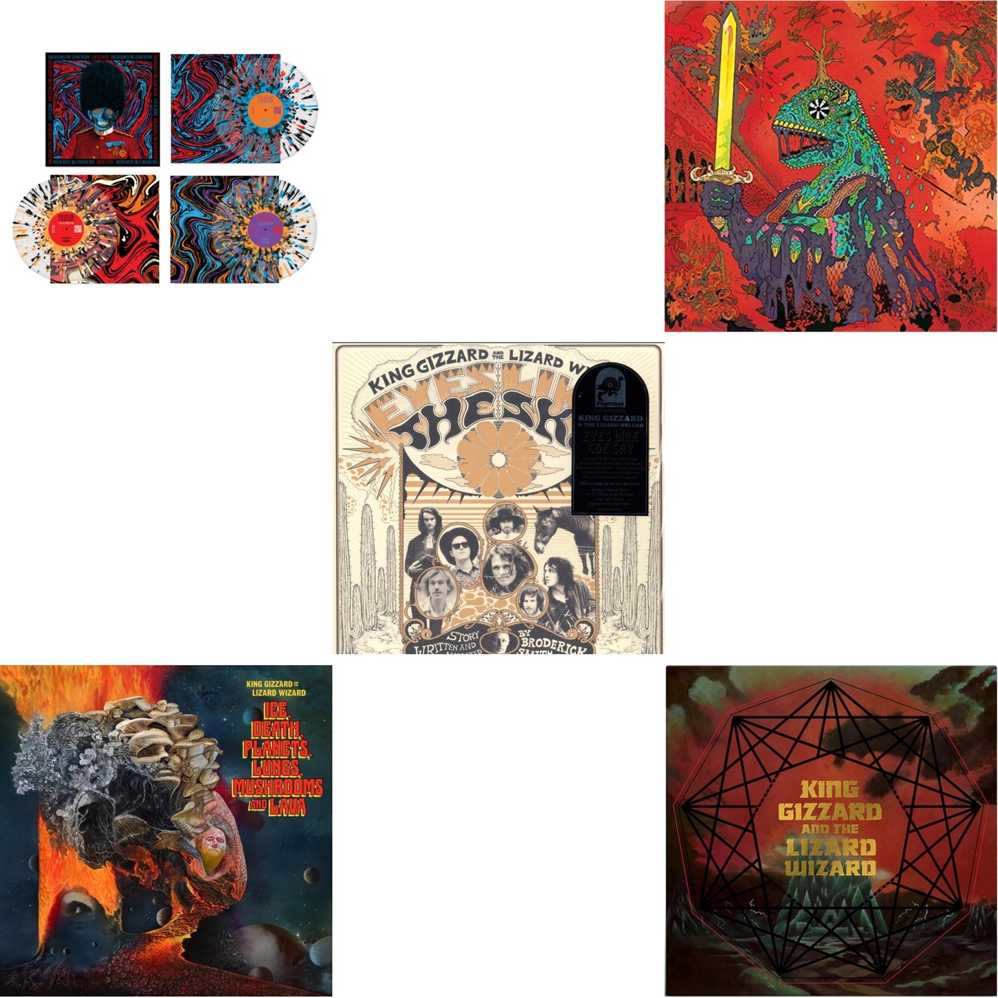 King Gizzard & The Lizard Wizard - Live In London '19 (Fuzz Club Official Bootleg) (Coloured LP Vinyl) & Ice, Death, Planets, Lungs, Mushrooms & Lava (2LP/Recycled Black Wax Vinyl) & Eyes Likes The Sky (Peach LP Vinyl) & 12 Bar Bruise (Sea Foam Green