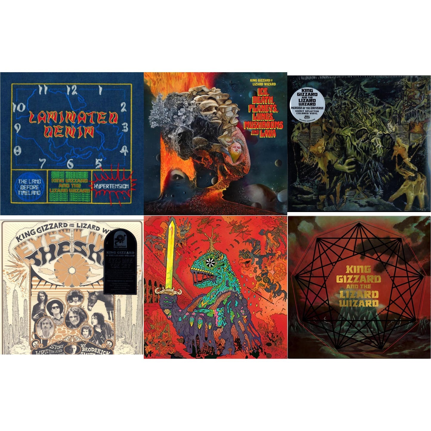 King Gizzard & The Lizard Wizard - Laminated Denim (Lucky Rainbow LP Vinyl) & Ice, Death, Planets, Lungs, Mushrooms & Lava (2LP/Recycled Black Wax Vinyl) & Murder Of The Universe (Transparent Green W/Mustard Yelow Splatter LP Vinyl) & Eyes Likes The