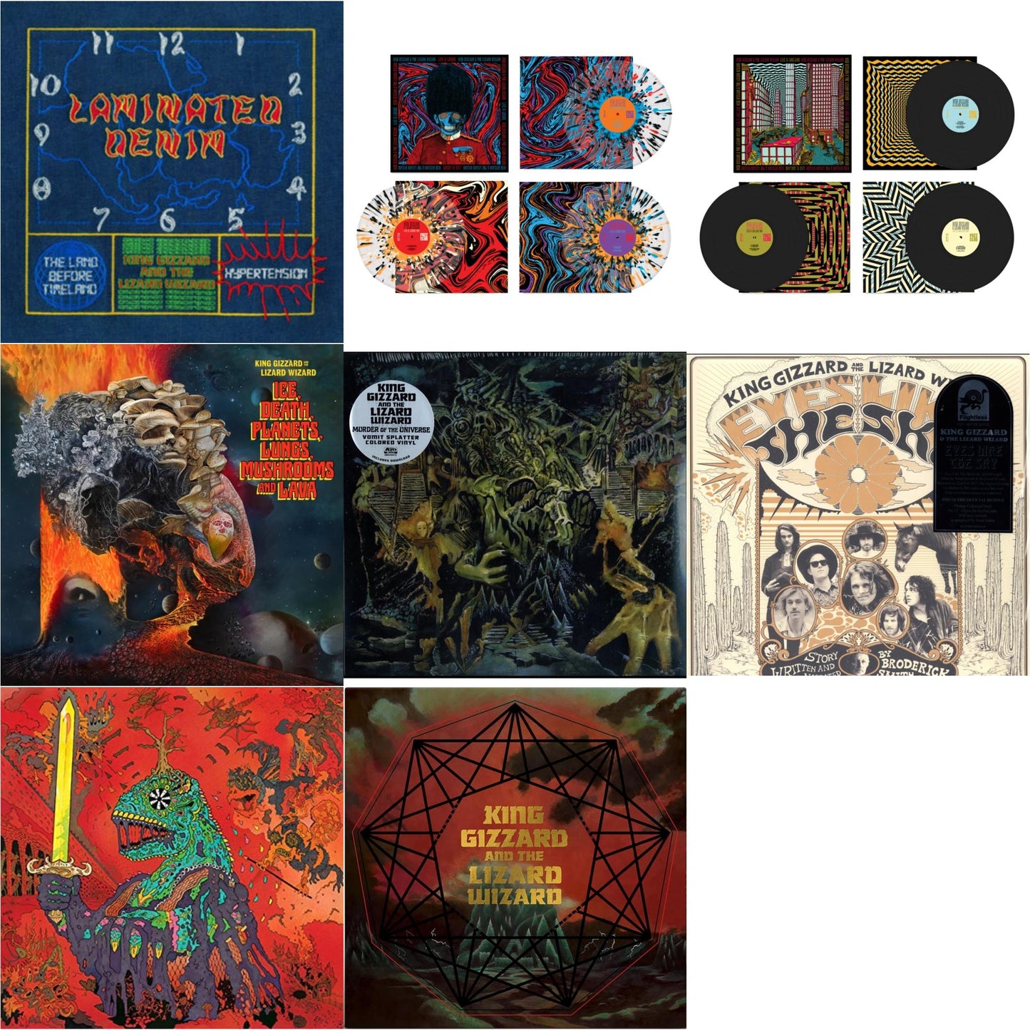 King Gizzard & The Lizard Wizard - Laminated Denim (Lucky Rainbow LP Vinyl) & Live In London '19 (Fuzz Club Official Bootleg) (Coloured LP Vinyl) & Live In Asheville '19 (Fuzz Club Official Bootleg) & Ice, Death, Planets, Lungs, Mushrooms & Lava