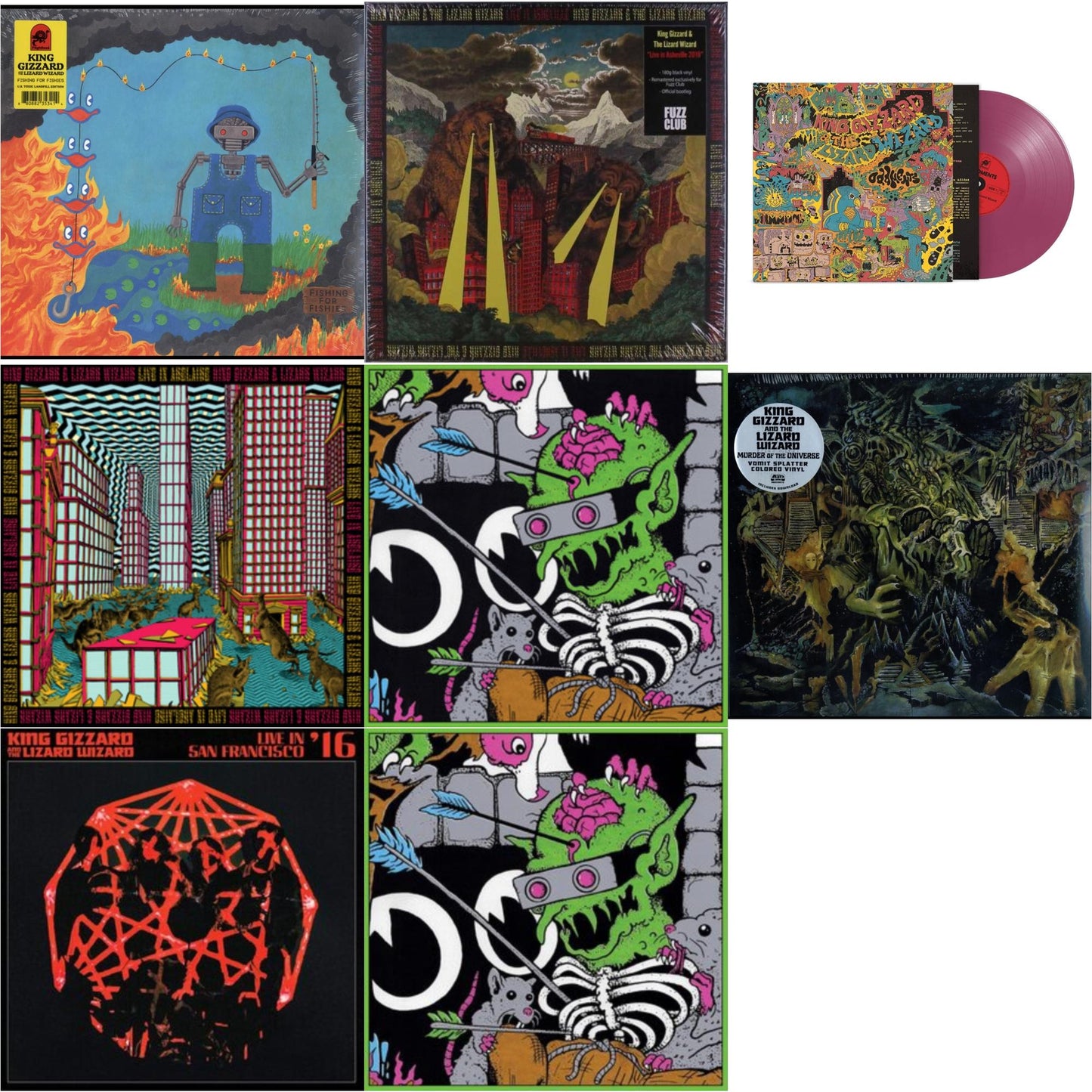King Gizzard & The Lizard Wizard - Fishing For Fishies (Green LP Vinyl) & Live In Asheville '19 (Fuzz Club Official Bootleg) & Oddments (Plum LP Vinyl) & Live In Adelaide '19 (Fuzz Club Official Bootleg) & Live In Brussels '19 (Fuzz Club Official