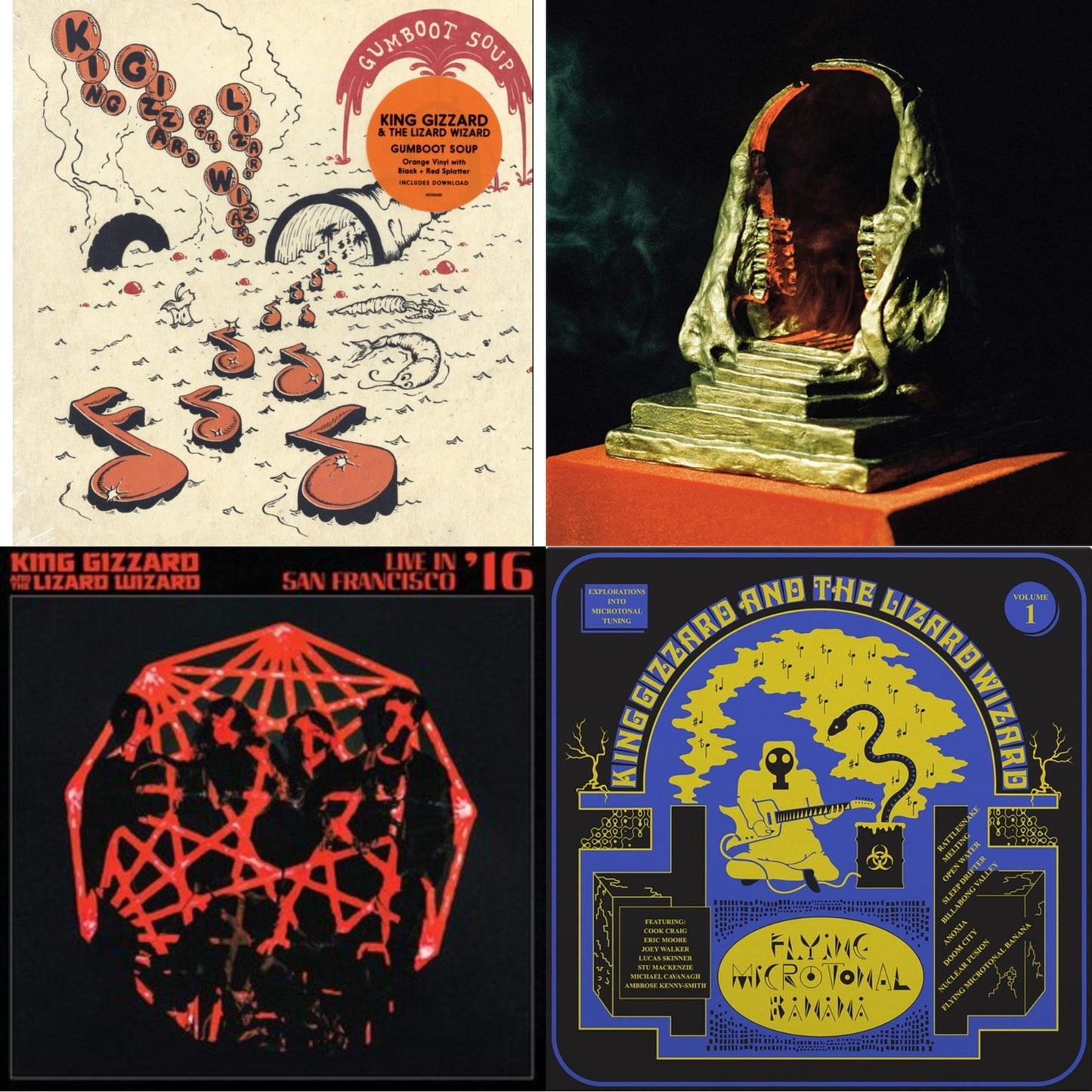 King Gizzard & The Lizard Wizard - Gumboot Soup & Infest The Rats' Nest (Red/Black LP Vinyl) & Live In San Francisco '16 (Deluxe/2LP/Fog/Sunburst Vinyl) & Flying Microtonal Banana (Randomly Colored Recycled LP Vinyl)