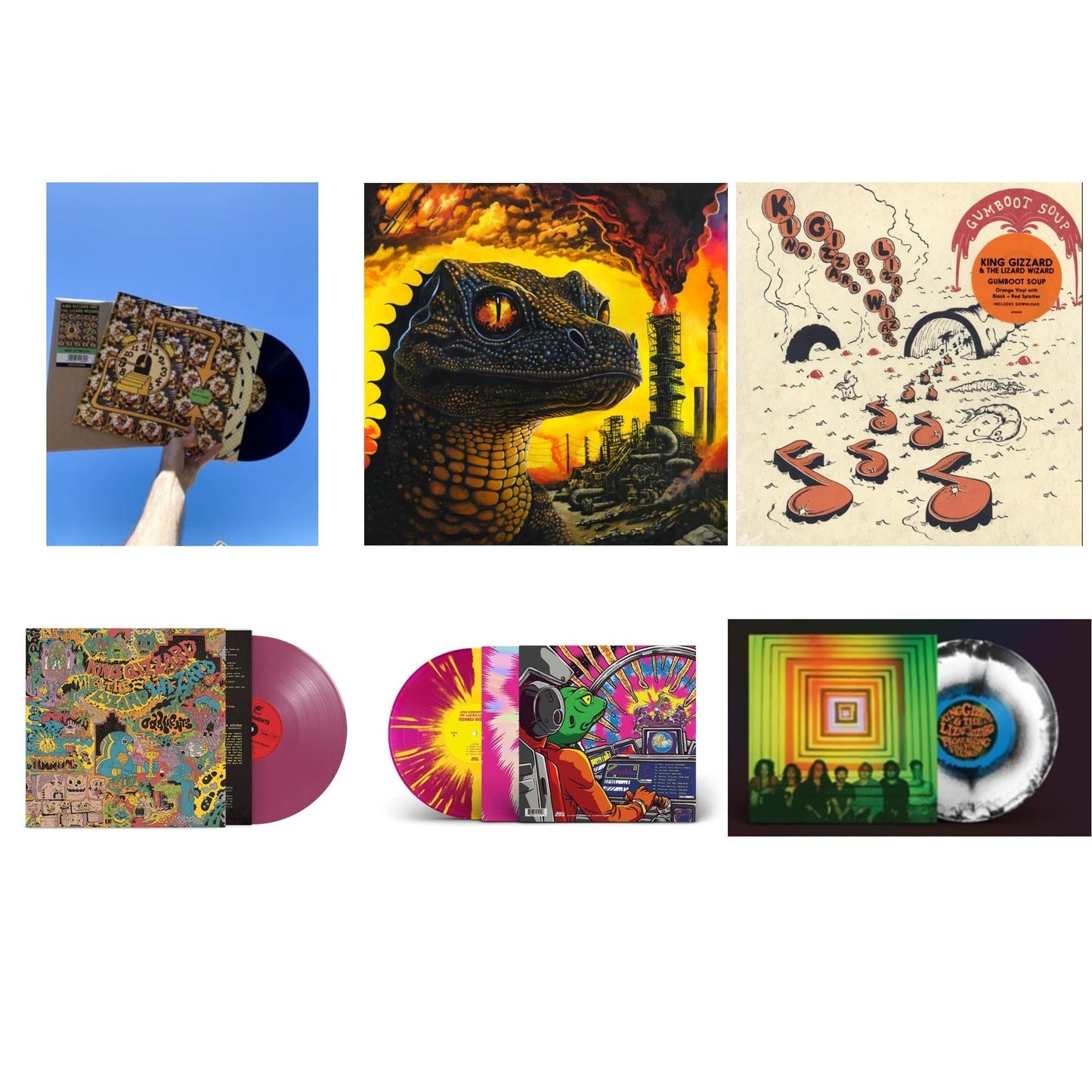 King Gizzard & The Lizard Wizard - Made In Timeland & Petrodragonic Apocalypse; Or Dawn Of Eternal Night: An Annihilation.. (Recycled Black Wax Vinyl/2LP) & Gumboot Soup & Oddments (Plum LP Vinyl) & Teenage Gizzard (Magenta & Yellow Splatter LP