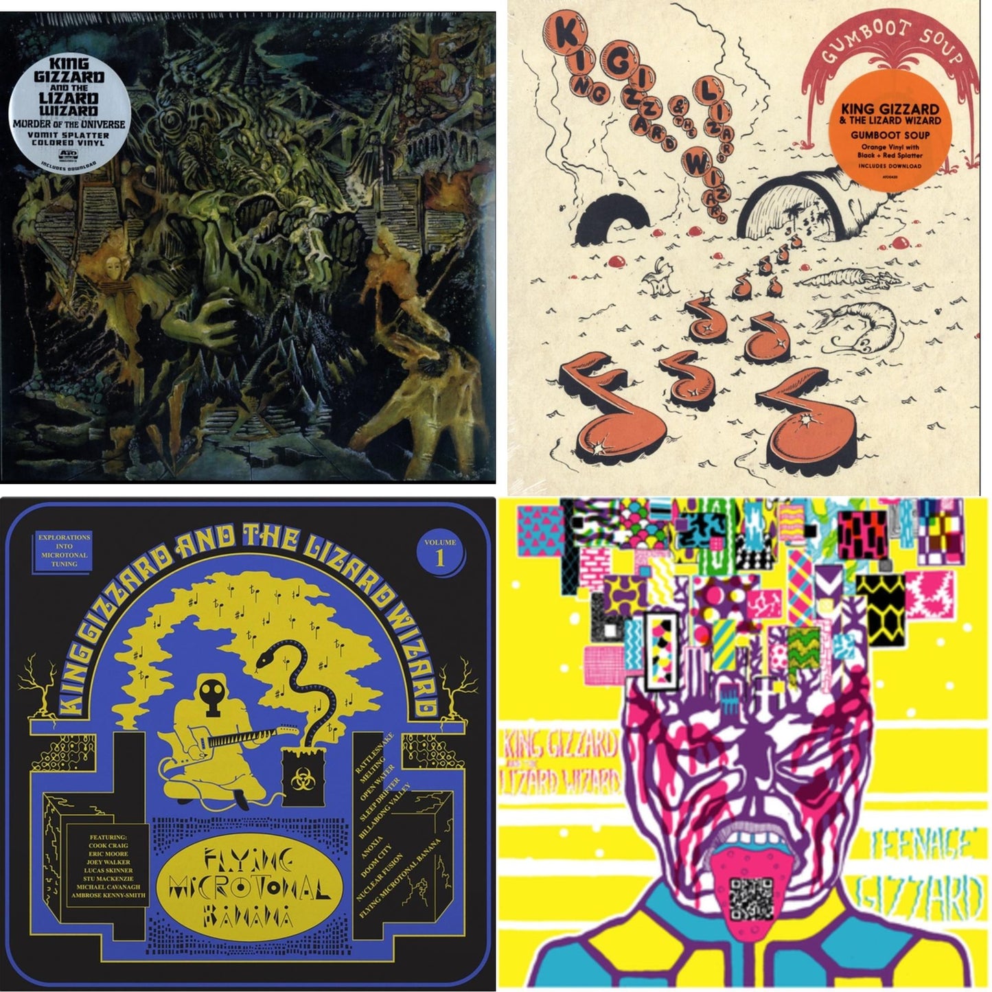 King Gizzard & The Lizard Wizard - Teenage Gizzard (Fuzz Club Official Bootleg) (Deluxe Edition) & Murder Of The Universe (Transparent Green W/Mustard Yelow Splatter LP Vinyl) & Gumboot Soup & Flying Microtonal Banana (Randomly Colored Recycled LP