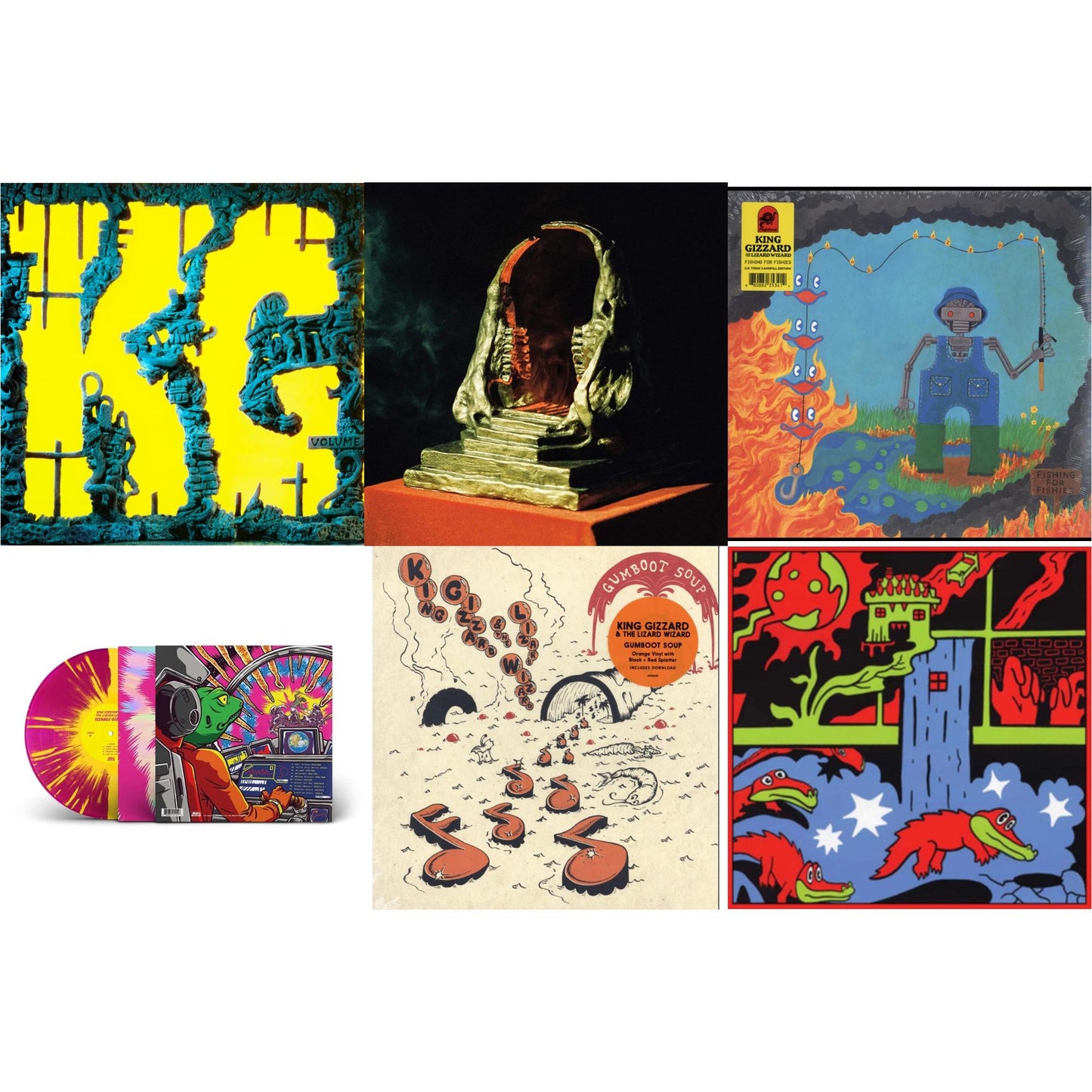 King Gizzard & The Lizard Wizard - K.G. (X) & Infest The Rats' Nest (Red/Black LP Vinyl) & Fishing For Fishies (Green LP Vinyl) & Teenage Gizzard (Magenta & Yellow Splatter LP Vinyl) & Gumboot Soup & Live In Paris '19 (Fuzz Club Official Bootleg)