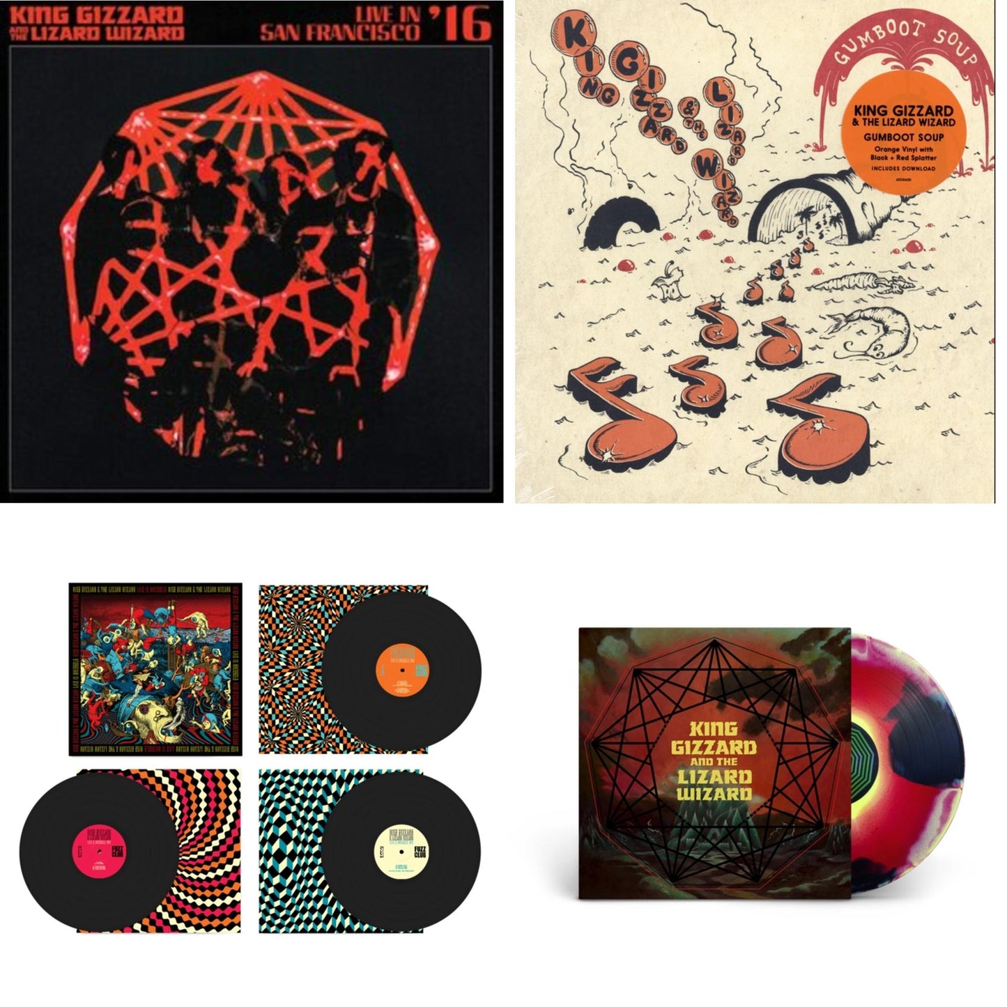 King Gizzard & The Lizard Wizard - Live In San Francisco '16 (Deluxe/2LP/Fog/Sunburst Vinyl) & Gumboot Soup & Live In Brussels '19 (Fuzz Club Official Bootleg) & Nonagon Infinity (Yellow/Red/Black LP Vinyl)