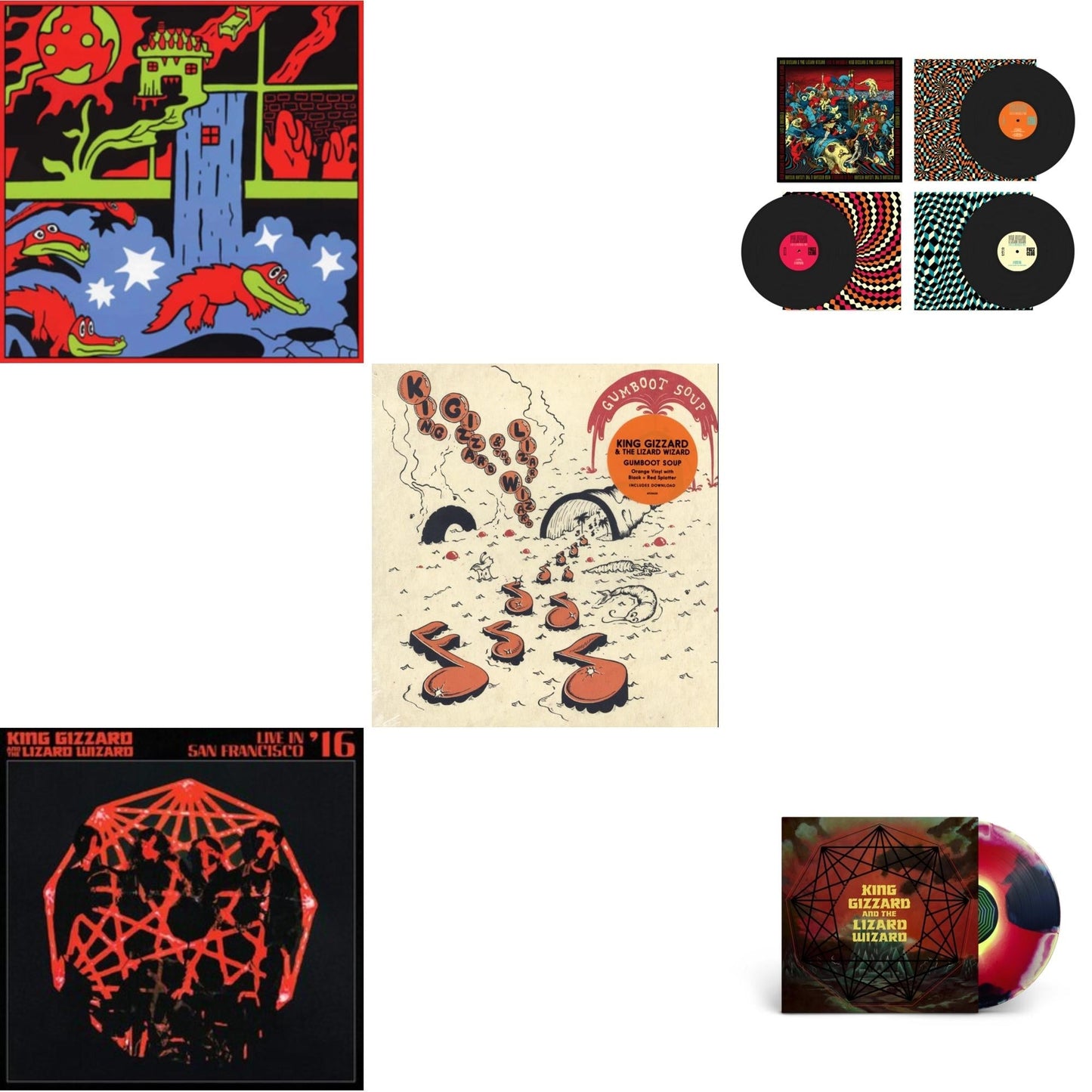 King Gizzard & The Lizard Wizard - Live In Paris '19 (Fuzz Club Official Bootleg) & Live In San Francisco '16 (Deluxe/2LP/Fog/Sunburst Vinyl) & Gumboot Soup & Live In Brussels '19 (Fuzz Club Official Bootleg) & Nonagon Infinity (Yellow/Red/Black LP