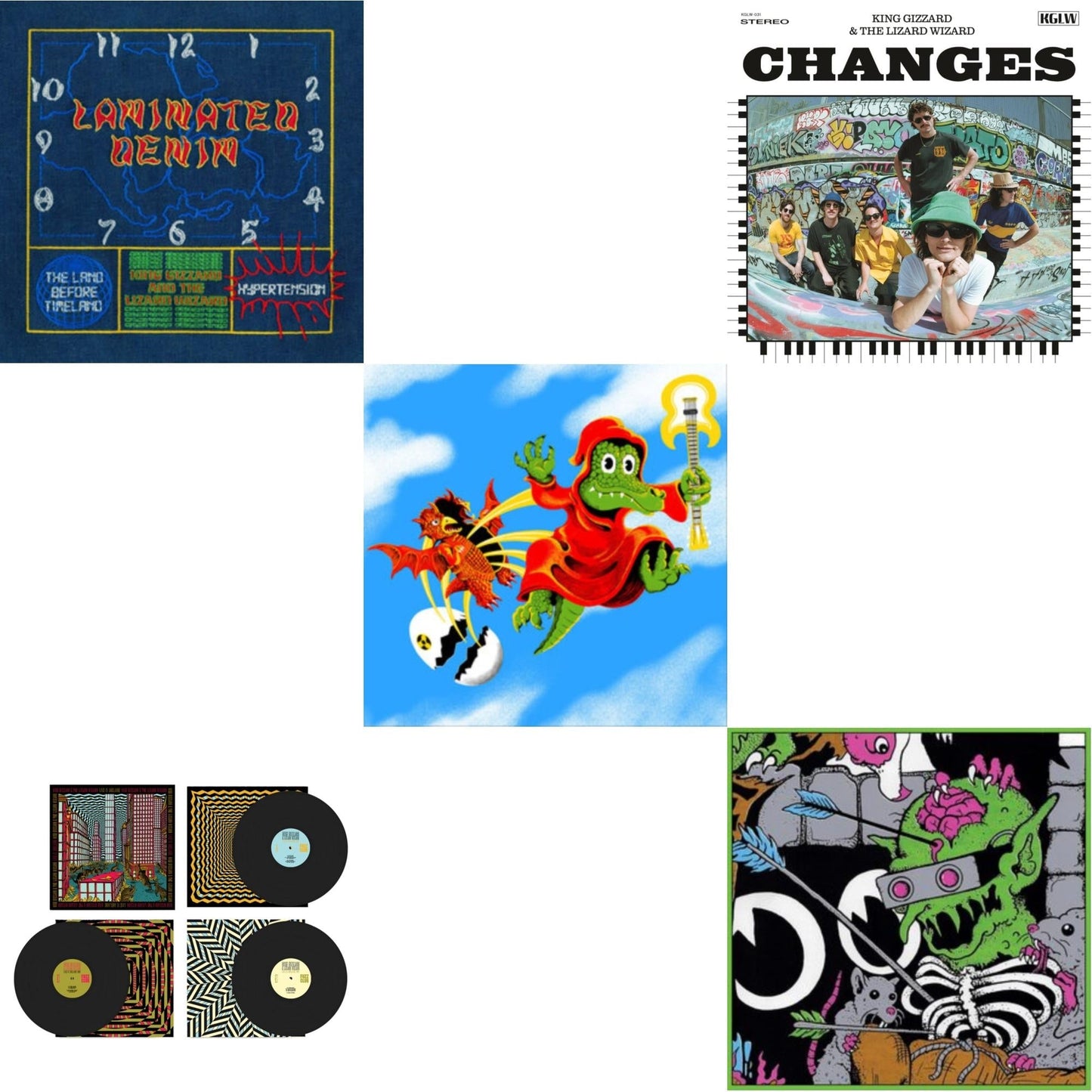 King Gizzard & The Lizard Wizard - Laminated Denim (Lucky Rainbow LP Vinyl) & Live In Asheville '19 (Fuzz Club Official Bootleg) & Live In Melbourne '21 (Yellow Vinyl/2LP) (I) & Changes (Recycled Black Wax LP Vinyl) & Live In Brussels '19 (140G/3LP)