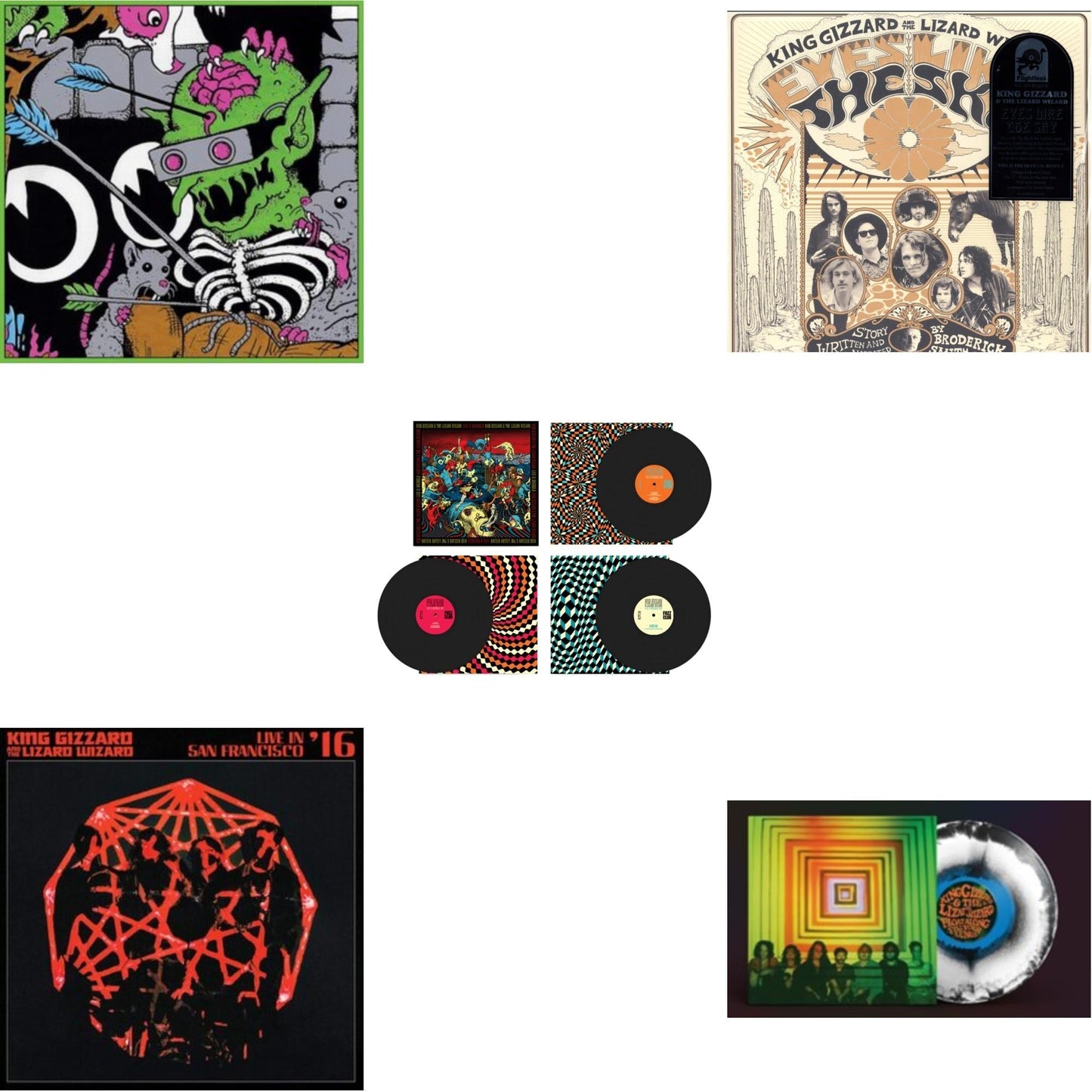 King Gizzard & The Lizard Wizard - Live In Brussels '19 (Fuzz Club Official Bootleg) & Live In Brussels '19 (140G/3LP) & Eyes Likes The Sky (Peach LP Vinyl) & Live In San Francisco '16 (Deluxe/2LP/Fog/Sunburst Vinyl) & Float Along - Fill Your Lungs