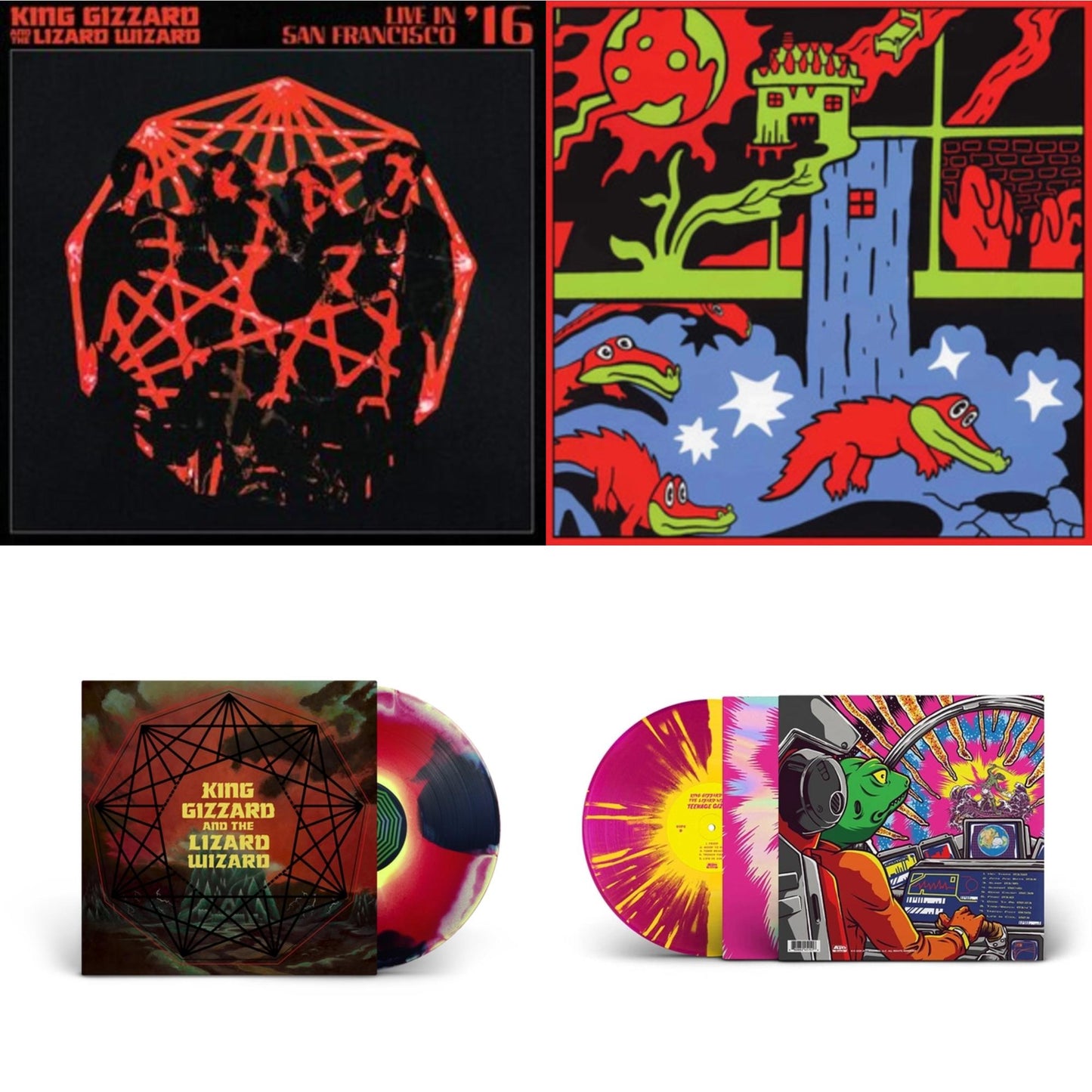 King Gizzard & The Lizard Wizard - Live In San Francisco '16 (Deluxe/2LP/Fog/Sunburst Vinyl) & Live In Paris '19 (Fuzz Club Official Bootleg) & Nonagon Infinity (Yellow/Red/Black LP Vinyl) & Teenage Gizzard (Magenta & Yellow Splatter LP Vinyl)