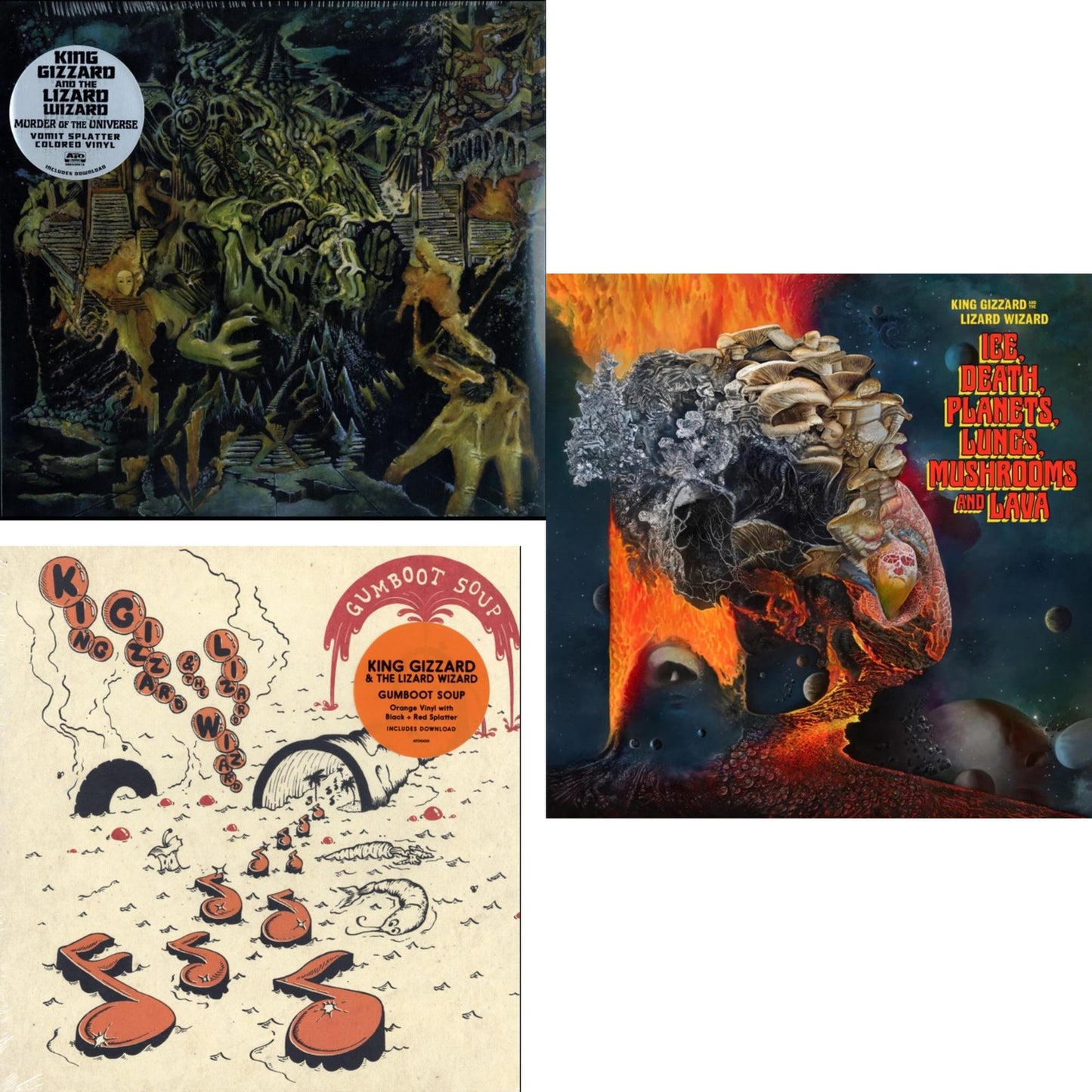 King Gizzard & The Lizard Wizard - Ice, Death, Planets, Lungs, Mushrooms & Lava (2LP/Recycled Black Wax Vinyl) & Murder Of The Universe (Transparent Green W/Mustard Yelow Splatter LP Vinyl) & Gumboot Soup