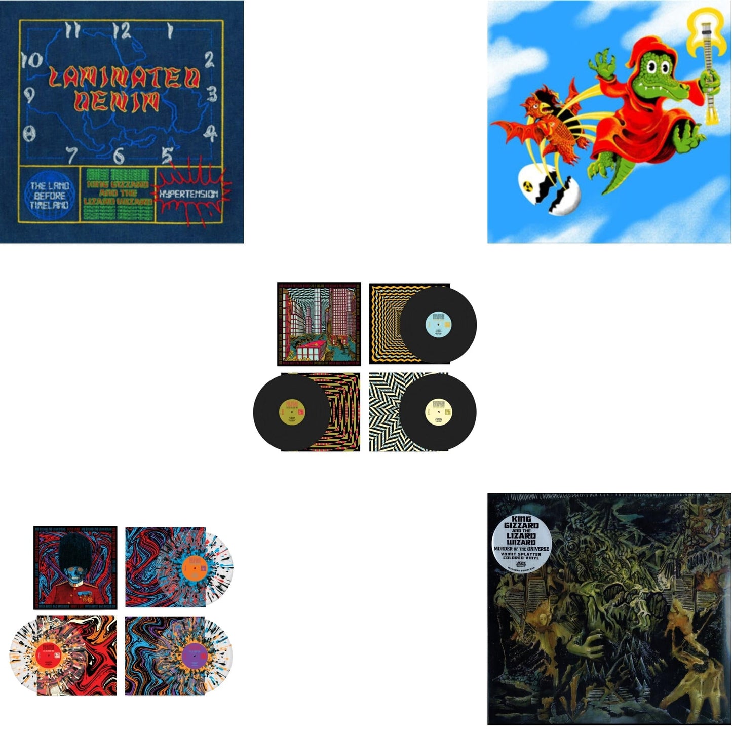 King Gizzard & The Lizard Wizard - Laminated Denim (Lucky Rainbow LP Vinyl) & Live In London '19 (Fuzz Club Official Bootleg) (Coloured LP Vinyl) & Live In Asheville '19 (Fuzz Club Official Bootleg) & Live In Melbourne '21 (Yellow Vinyl/2LP) (I) &