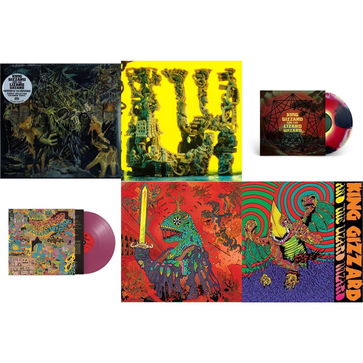 King Gizzard & The Lizard Wizard - L.W. & Murder Of The Universe (Transparent Green W/Mustard Yelow Splatter LP Vinyl) & Willoughby's Beach (Tangerine LP Vinyl) & 12 Bar Bruise (Sea Foam Green LP Vinyl) & Oddments (Plum LP Vinyl) & Nonagon Infinity