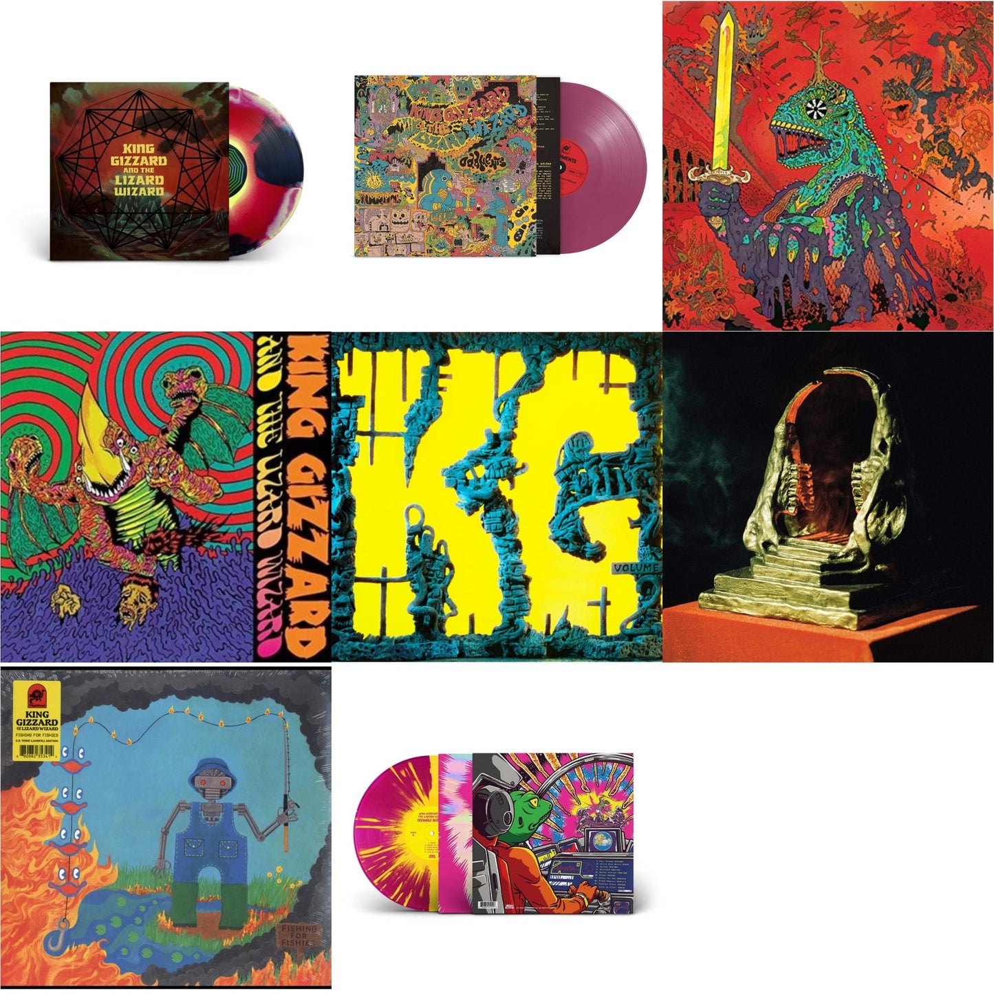 King Gizzard & The Lizard Wizard - Nonagon Infinity (Yellow/Red/Black LP Vinyl) & Oddments (Plum LP Vinyl) & 12 Bar Bruise (Sea Foam Green LP Vinyl) & Willoughby's Beach (Tangerine LP Vinyl) & K.G. (X) & Infest The Rats' Nest (Red/Black LP Vinyl) &