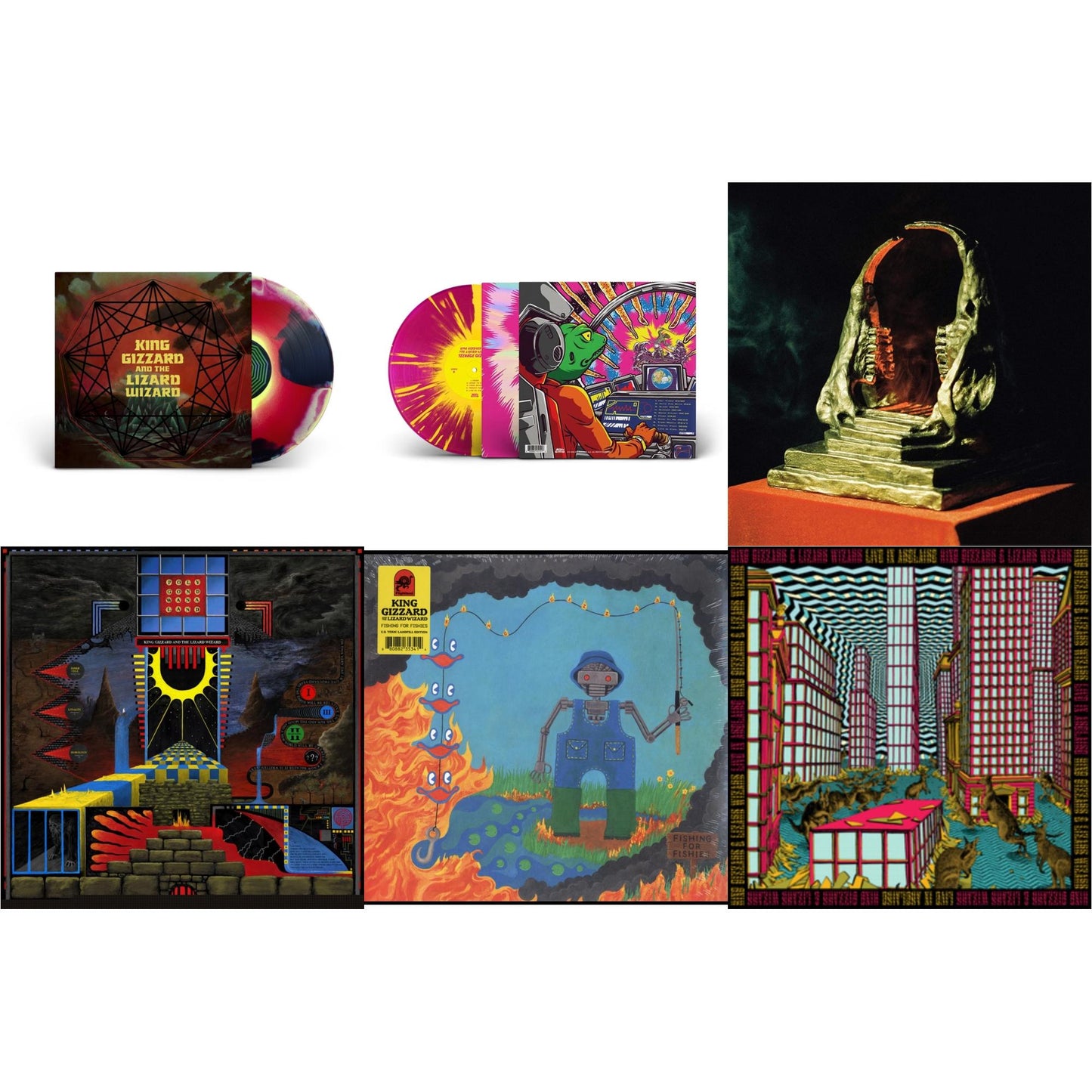 King Gizzard & The Lizard Wizard - Nonagon Infinity (Yellow/Red/Black LP Vinyl) & Teenage Gizzard (Magenta & Yellow Splatter LP Vinyl) & Infest The Rats' Nest (Red/Black LP Vinyl) & Polygondwanaland & Fishing For Fishies (Green LP Vinyl) & Live In