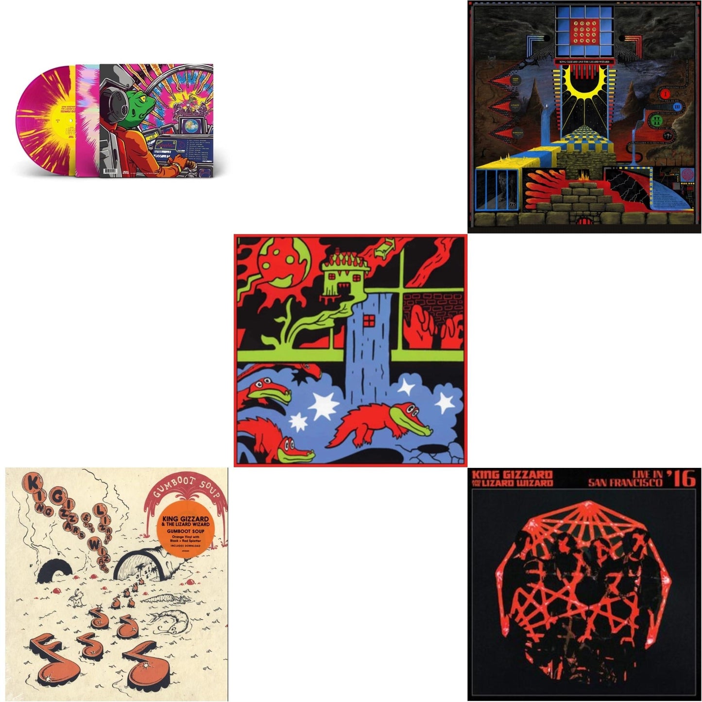 King Gizzard & The Lizard Wizard - Live In Paris '19 (Fuzz Club Official Bootleg) & Polygondwanaland & Gumboot Soup & Live In San Francisco '16 (Deluxe/2LP/Fog/Sunburst Vinyl) & Teenage Gizzard (Magenta & Yellow Splatter LP Vinyl)