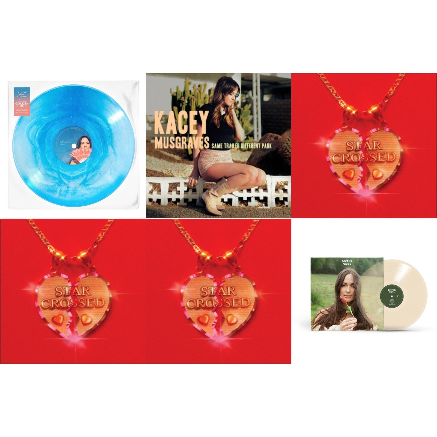 Kacey Musgraves - Golden Hour (Cloud Nine Edition LP Vinyl) & Same Trailer Different Park & Star-Crossed (Neon Yellow LP Vinyl) & Star-Crossed (Sea Foam LP Vinyl) & Star-Crossed (Ruby Red LP Vinyl) & Deeper Well (Transparent Cream LP Vinyl)