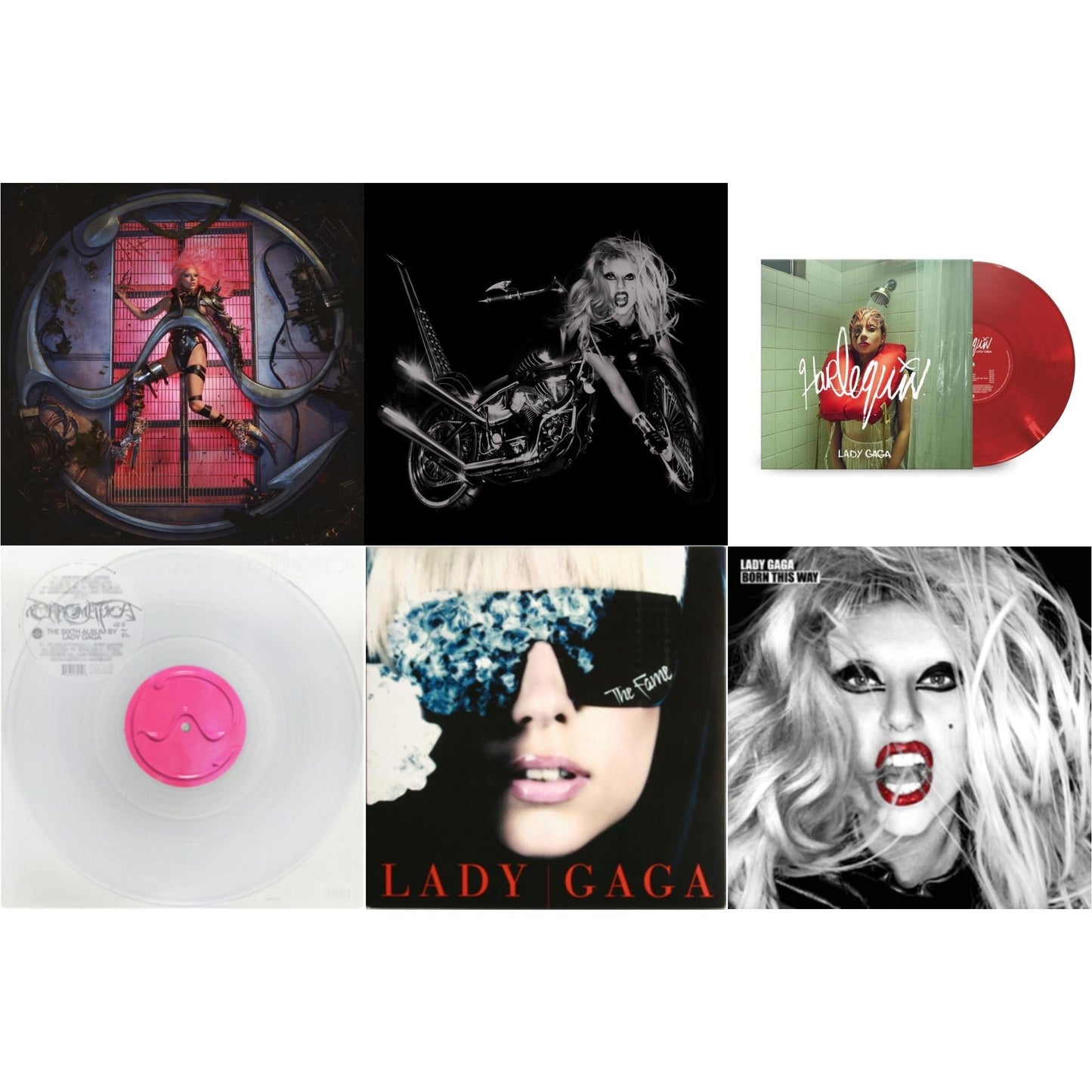 Lady Gaga - Chromatica (180G) & Born This Way - The Tenth Anniversary (3LP) & Harlequin (Red LP Vinyl) & Chromatica (Milky Clear LP Vinyl) & Fame & Born This Way
