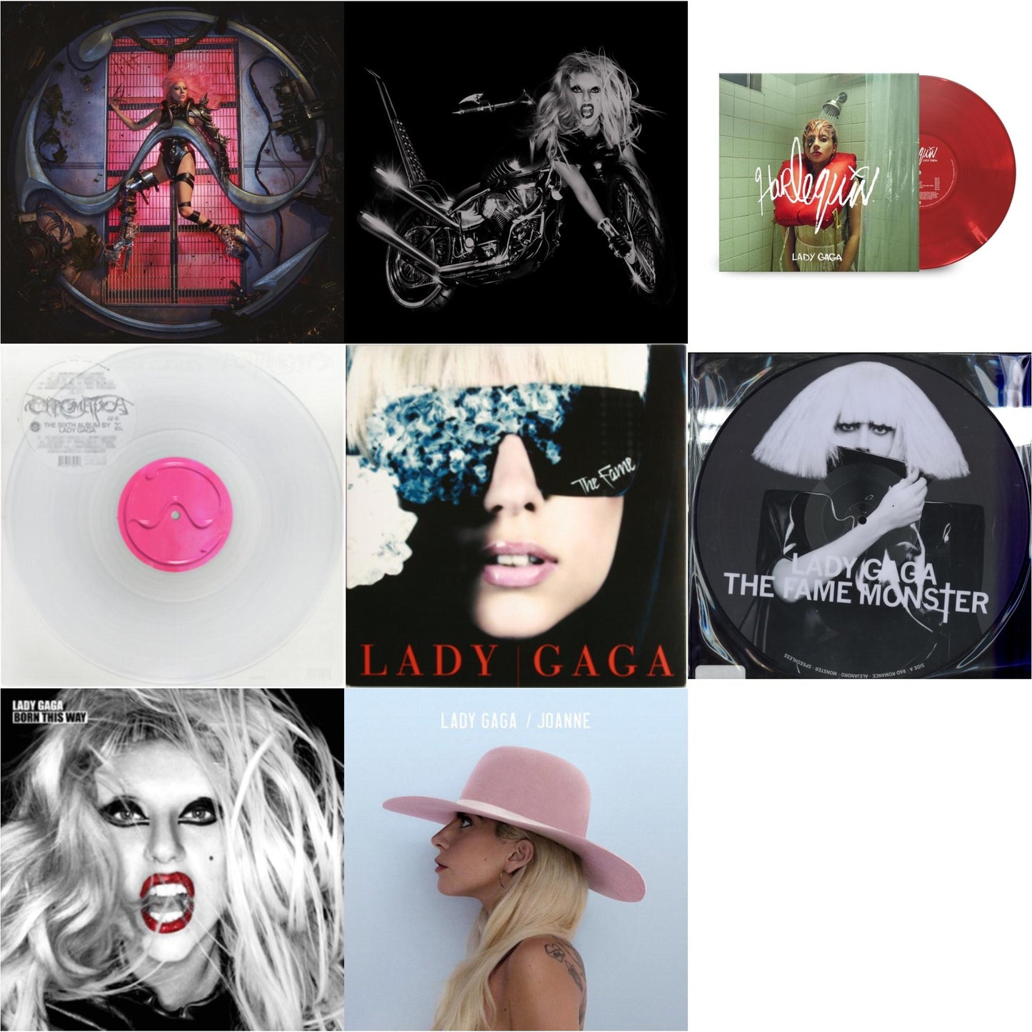 Lady Gaga - Chromatica (180G) & Born This Way - The Tenth Anniversary (3LP) & Harlequin (Red LP Vinyl) & Chromatica (Milky Clear LP Vinyl) & Fame & Fame Monster & Born This Way & Joanne