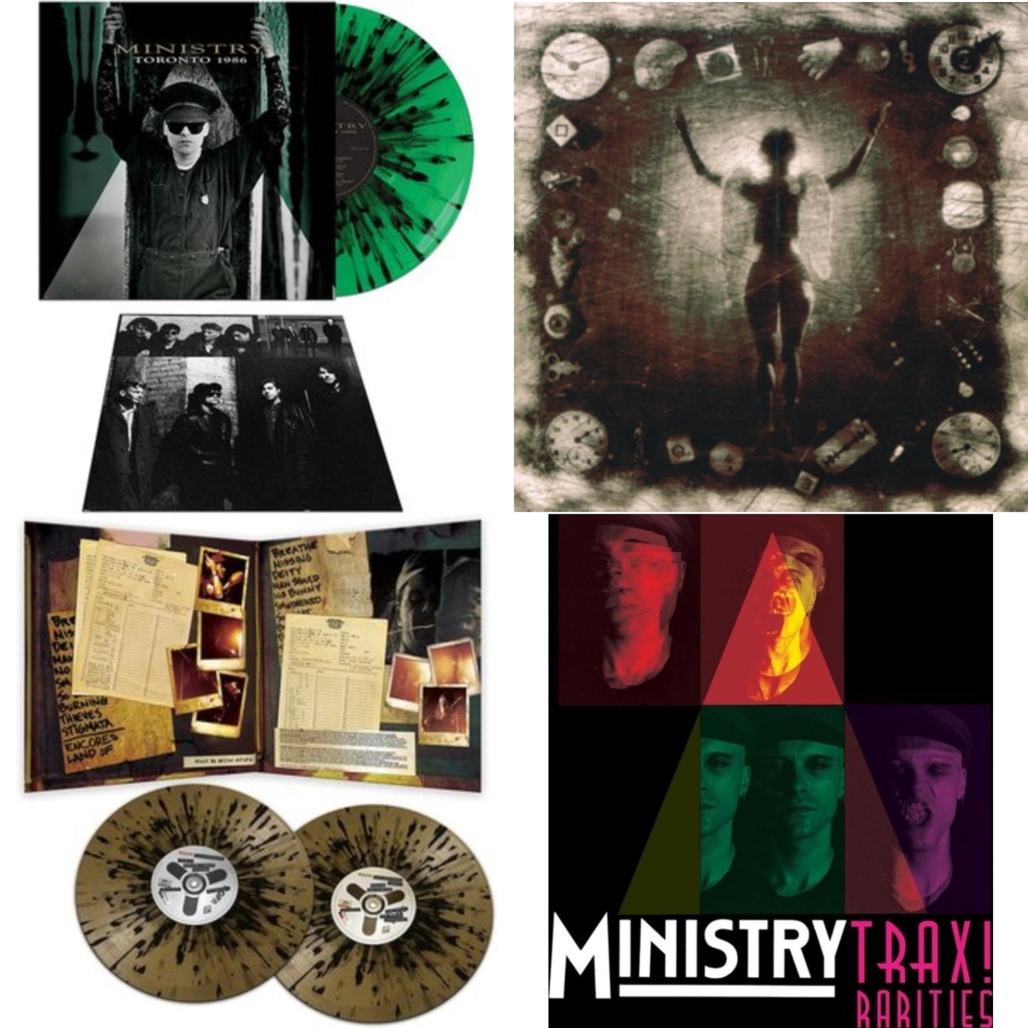 Ministry - Toronto 1986 (Green & Black Splatter LP Vinyl) & Ke*A*H** (Psalm 69) (180G) & Live Necronomicon (Black & Gold Splatter Vinyl/2LP) & Trax Rarities (Black/White/Magenta Splatter LP Vinyl)