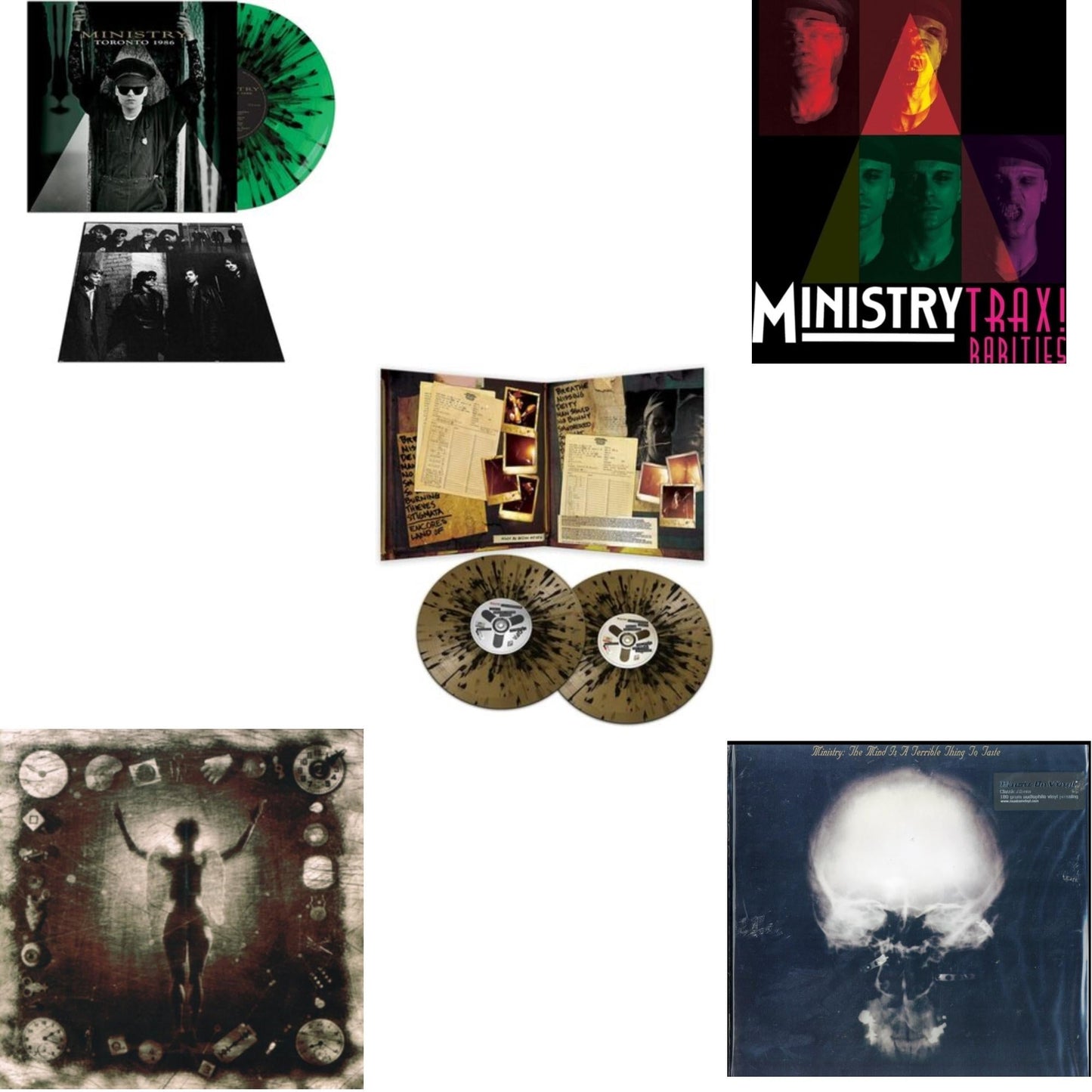Ministry - Ke*A*H** (Psalm 69) (180G) & Mind Is A Terrible Thing To Taste (180G) & Toronto 1986 (Green & Black Splatter LP Vinyl) & Live Necronomicon (Black & Gold Splatter Vinyl/2LP) & Trax Rarities (Black/White/Magenta Splatter LP Vinyl)
