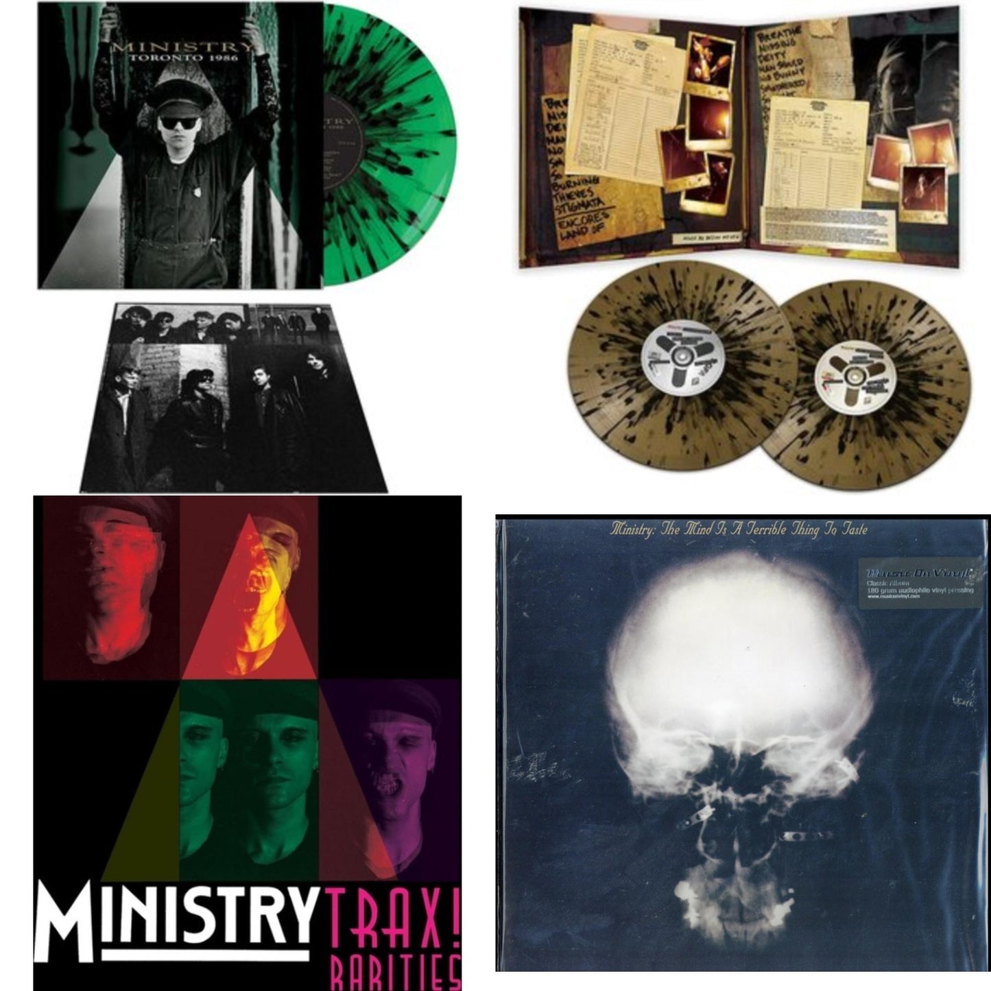 Ministry - Mind Is A Terrible Thing To Taste (180G) & Toronto 1986 (Green & Black Splatter LP Vinyl) & Live Necronomicon (Black & Gold Splatter Vinyl/2LP) & Trax Rarities (Black/White/Magenta Splatter LP Vinyl)