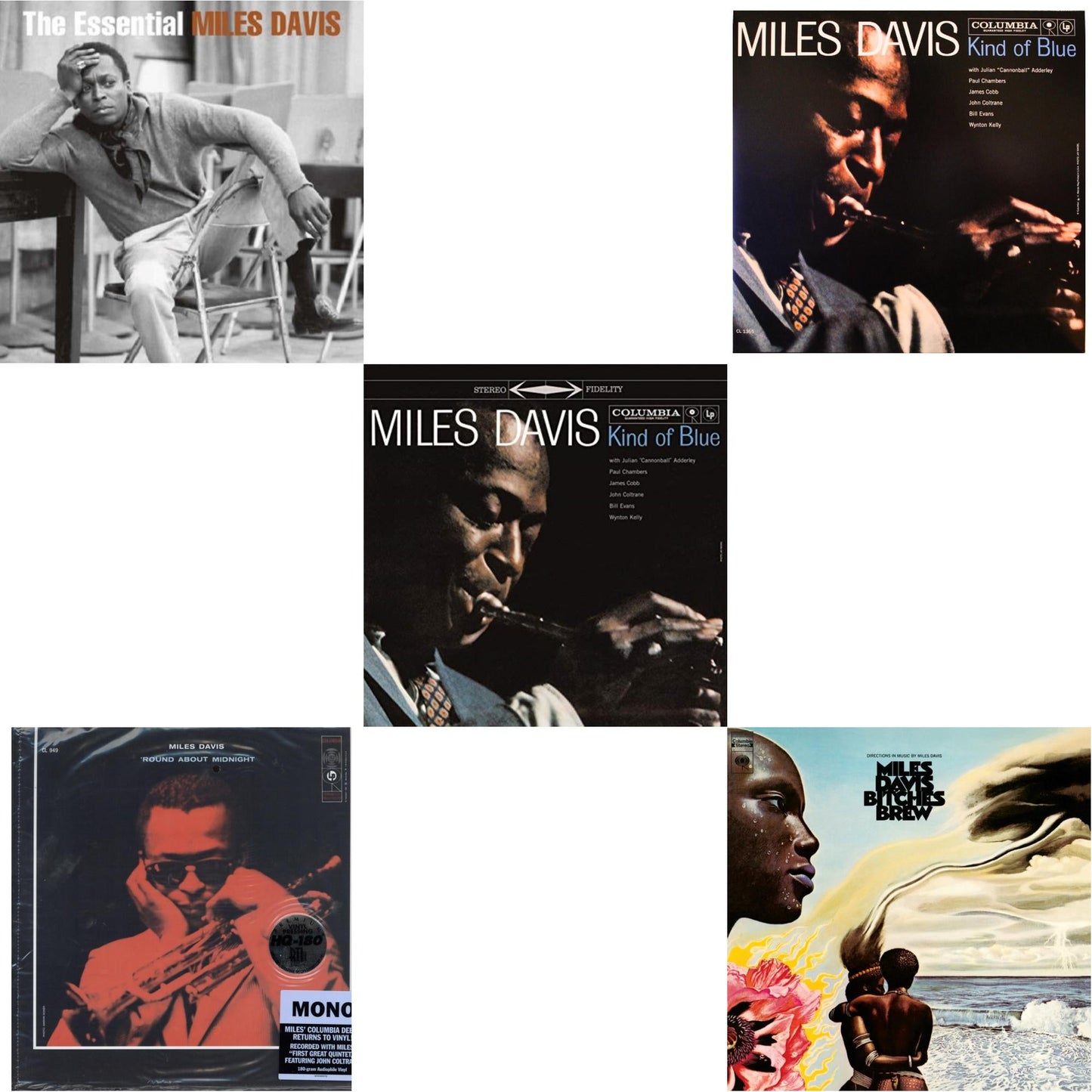 Miles Davis - Bitches Brew (2LP/140G) & Kind Of Blue (180G) & Round About Midnight (180G/Mono) & Kind Of Blue (Mono) & Essential Miles Davis (2LP)