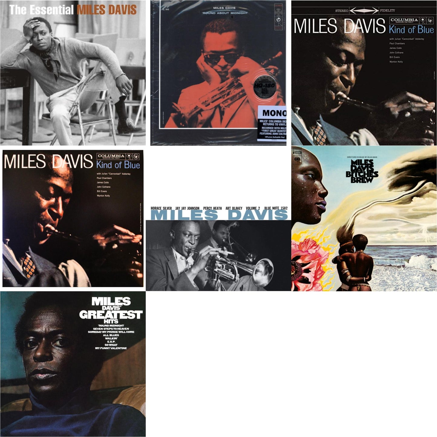 Miles Davis - Bitches Brew (2LP/140G) & Volume 2 (Blue Note Classic LP Vinyl Series) & Kind Of Blue (180G) & Round About Midnight (180G/Mono) & Kind Of Blue (Mono) & Essential Miles Davis (2LP) & Greatest Hits (1969) (150G/Dl Code)