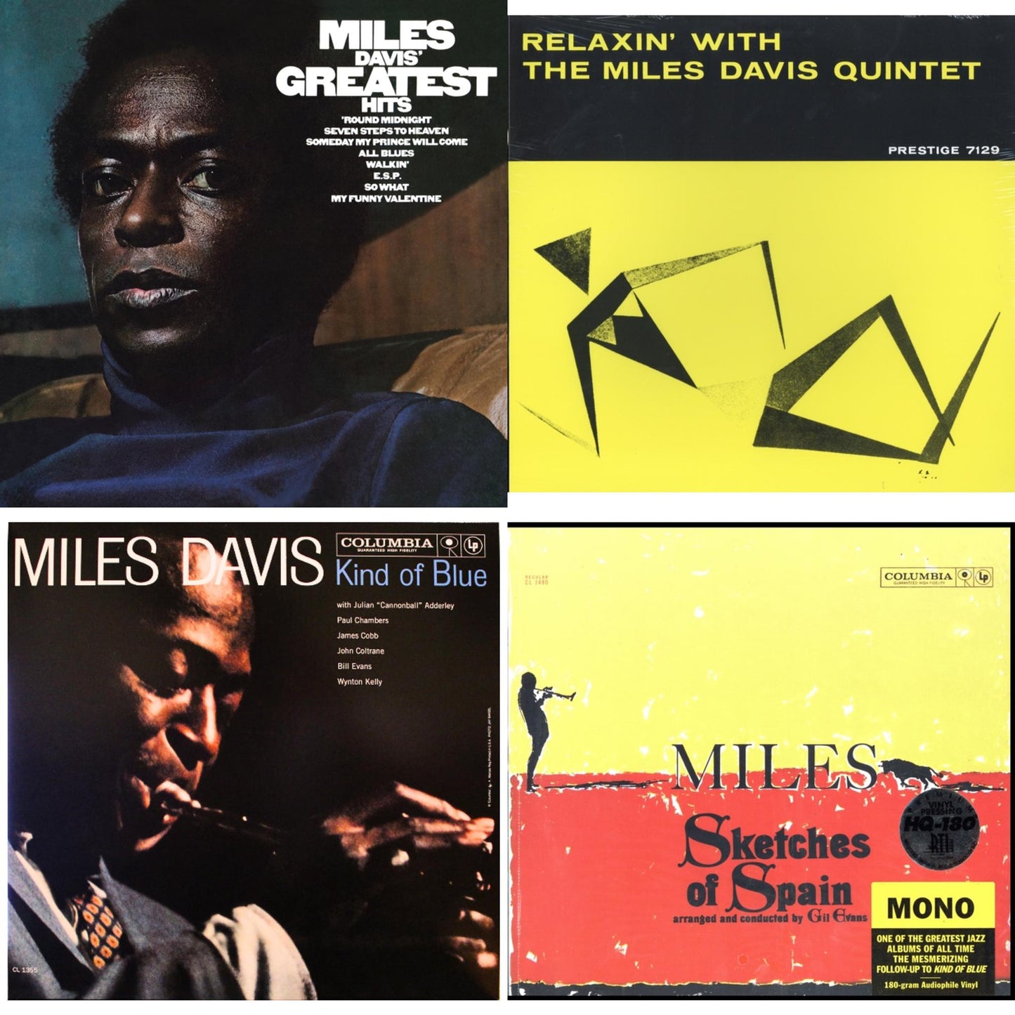 Miles Davis - Relaxin With The Miles Davis Quintet & Sketches Of Spain (Mono) & Kind Of Blue (Mono) & Greatest Hits (1969) (150G/Dl Code) - LP Vinyl Bundle