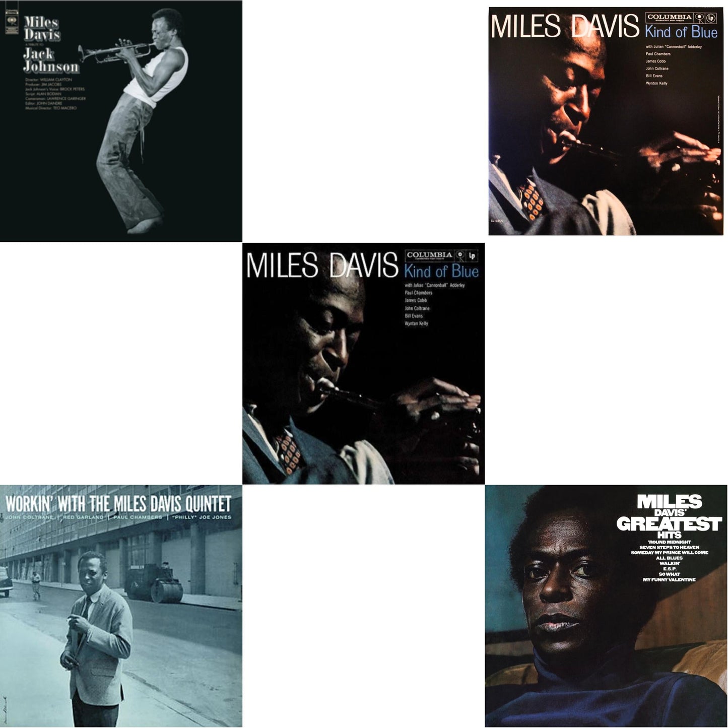 Miles Davis - Tribute To Jack Johnson (140G/Dl Insert) & Workin With The Miles Davis Quintet & Kind Of Blue & Kind Of Blue (Mono) & Greatest Hits (1969) (150G/Dl Code) - LP Vinyl Bundle