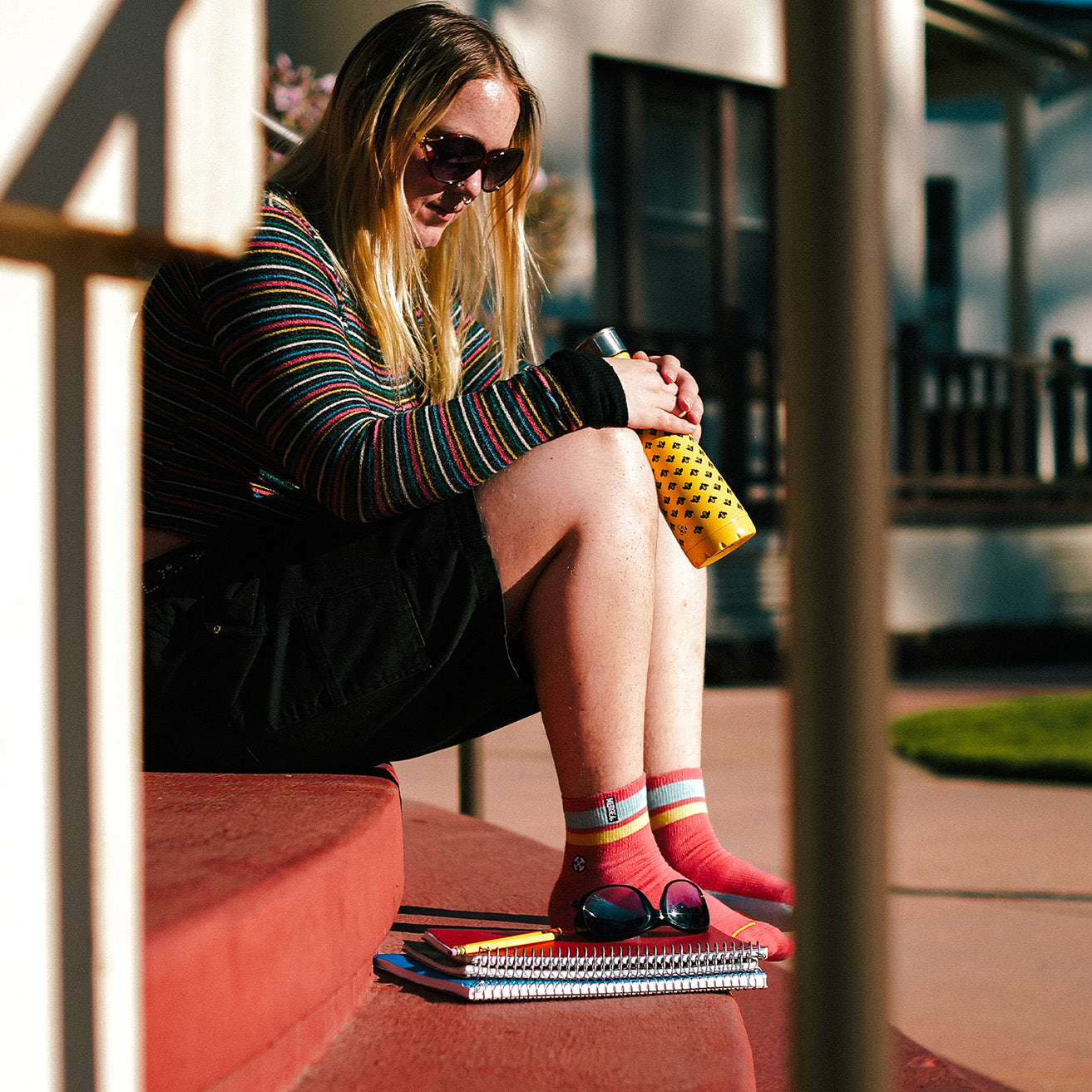Organic Cotton Coral/Sky Quarter Adult Crew Socks