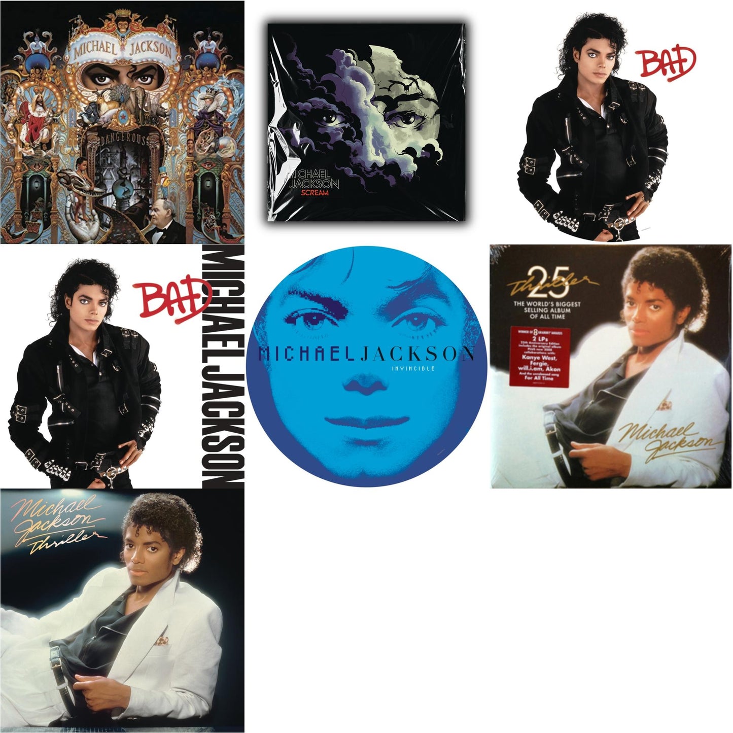 Michael Jackson - Dangerous (180G/2LP) & Michael Jackson - Scream (2LP) (New LP Vinyl) & Bad (Picture Disc) & Bad (140G/Gatefold) & Invincible (2LP/Picture Disc) & Thriller (25Th Anniversary Edition/2LP/180G/Gatefold) & Thriller (140G/Gatefold)