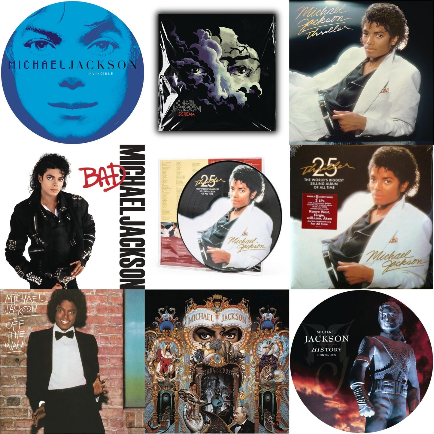 Michael Jackson - History: Continues (2LP/Picture Disc) & Invincible (2LP/Picture Disc) & Thriller (25Th Anniversary Edition/2LP/180G/Gatefold) & Thriller (Picture Disc) & Dangerous (180G/2LP) & Thriller (140G/Gatefold) & Bad (140G/Gatefold) & Off