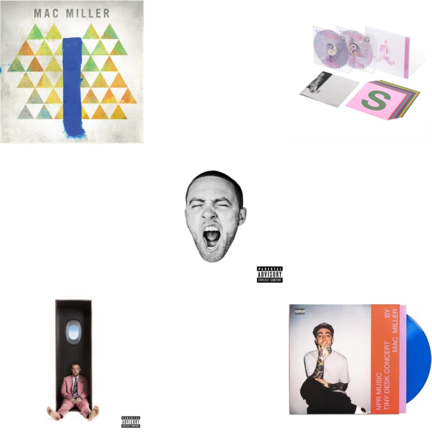 Mac Miller - Npr Music Tiny Desk Concert (Translucent Blue LP Vinyl/B-Side Etching/Insert) & Swimming (5 Year) (2LP/Milky Clear/Hot Pink/Sky Blue Marble Vinyl) & Swimming (X) & Go:Od Am (X) & Blue Slide Park