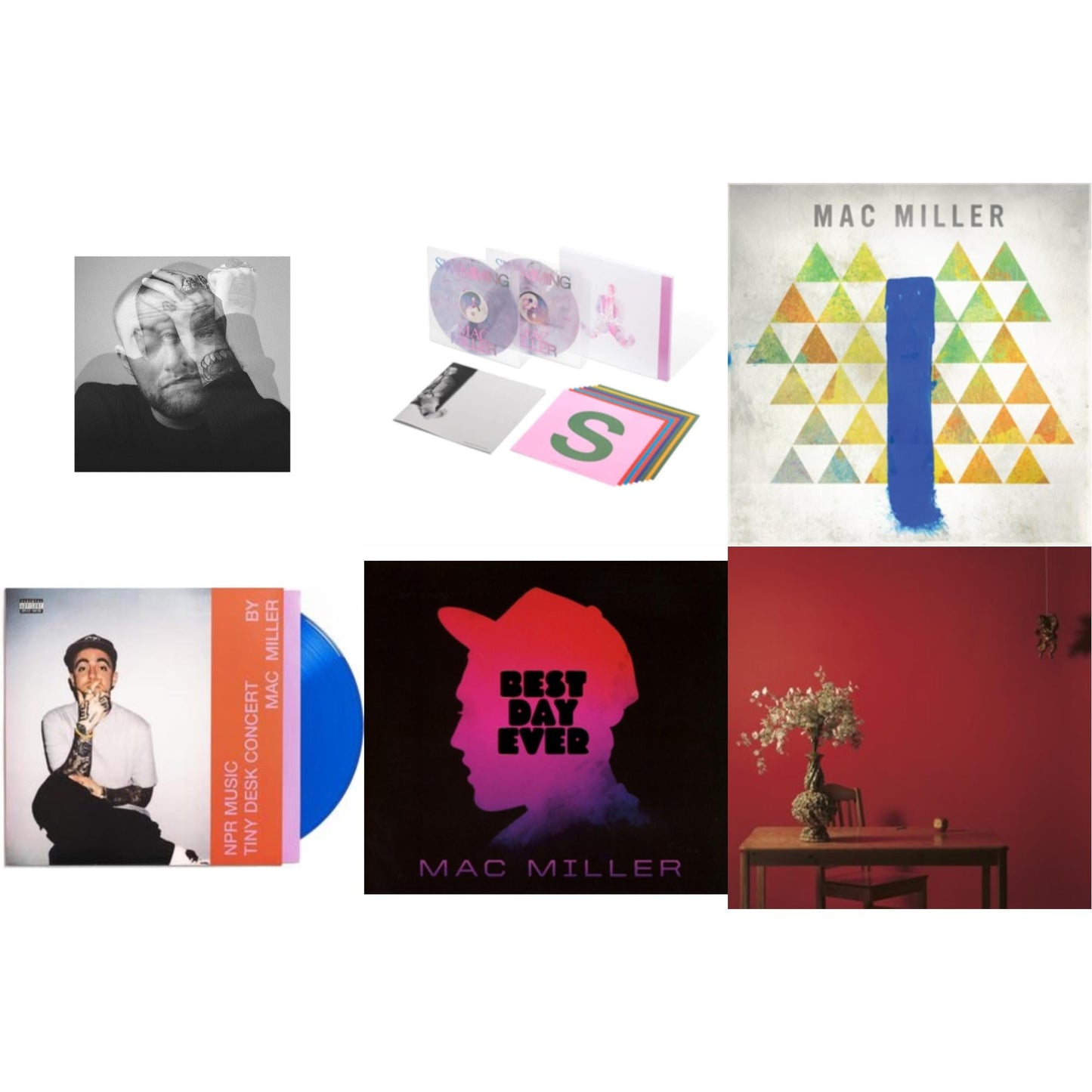 Mac Miller - Circles (2LP/Clear Vinyl) & Swimming (5 Year) (2LP/Milky Clear/Hot Pink/Sky Blue Marble Vinyl) & Blue Slide Park & Npr Music Tiny Desk Concert (Translucent Blue LP Vinyl/B-Side Etching/Insert) & Best Day Ever (Import) & Watching Movies