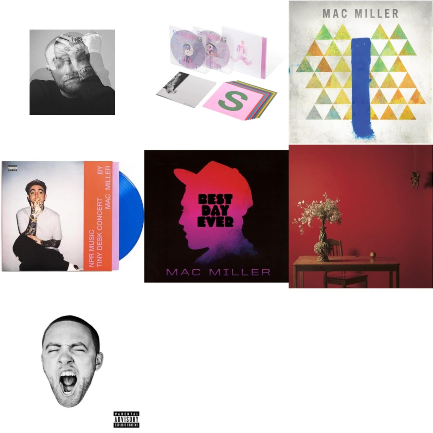 Mac Miller - Circles (2LP/Clear Vinyl) & Swimming (5 Year) (2LP/Milky Clear/Hot Pink/Sky Blue Marble Vinyl) & Blue Slide Park & Npr Music Tiny Desk Concert (Translucent Blue LP Vinyl/B-Side Etching/Insert) & Best Day Ever (Import) & Watching Movies