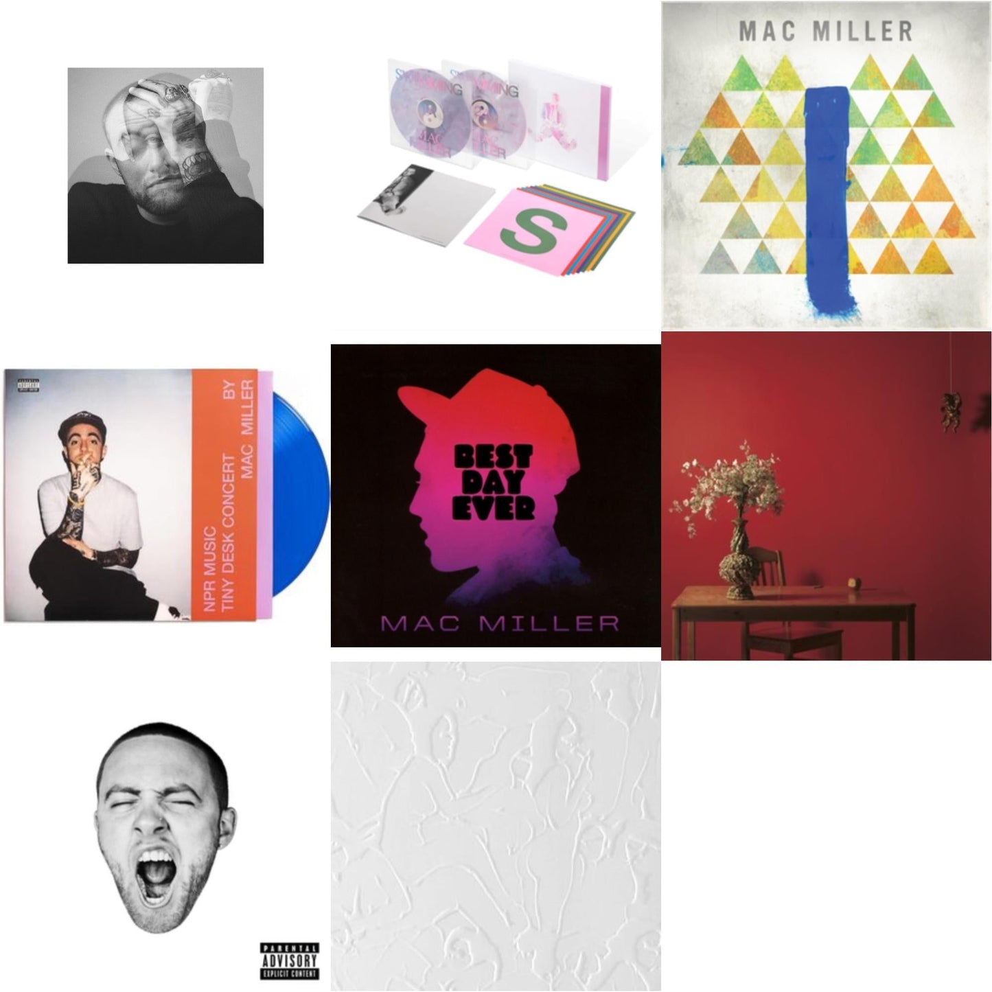 Mac Miller - Circles (2LP/Clear Vinyl) & Swimming (5 Year) (2LP/Milky Clear/Hot Pink/Sky Blue Marble Vinyl) & Blue Slide Park & Npr Music Tiny Desk Concert (Translucent Blue LP Vinyl/B-Side Etching/Insert) & Best Day Ever (Import) & Watching Movies