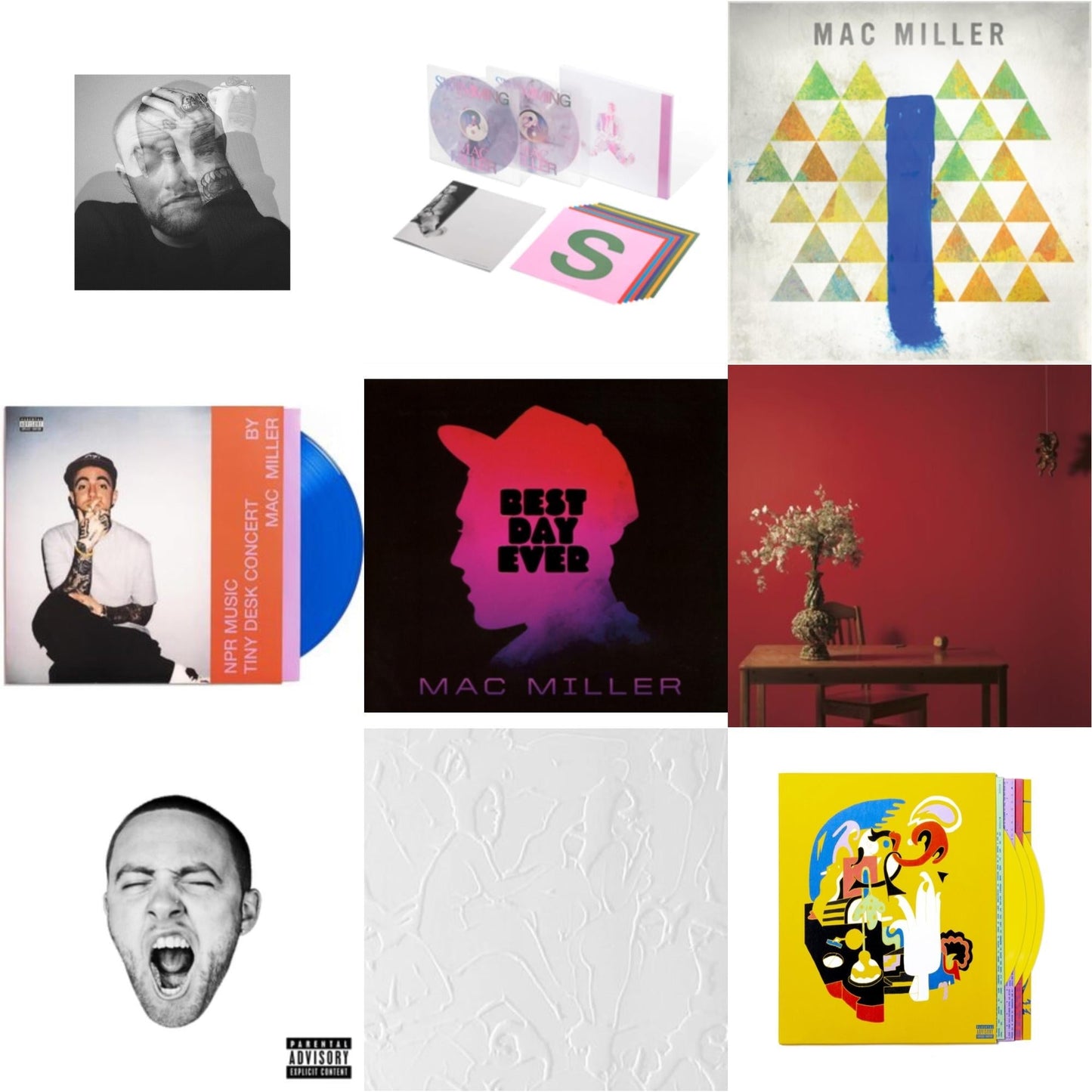 Mac Miller - Circles (2LP/Clear Vinyl) & Swimming (5 Year) (2LP/Milky Clear/Hot Pink/Sky Blue Marble Vinyl) & Blue Slide Park & Npr Music Tiny Desk Concert (Translucent Blue LP Vinyl/B-Side Etching/Insert) & Best Day Ever (Import) & Watching Movies