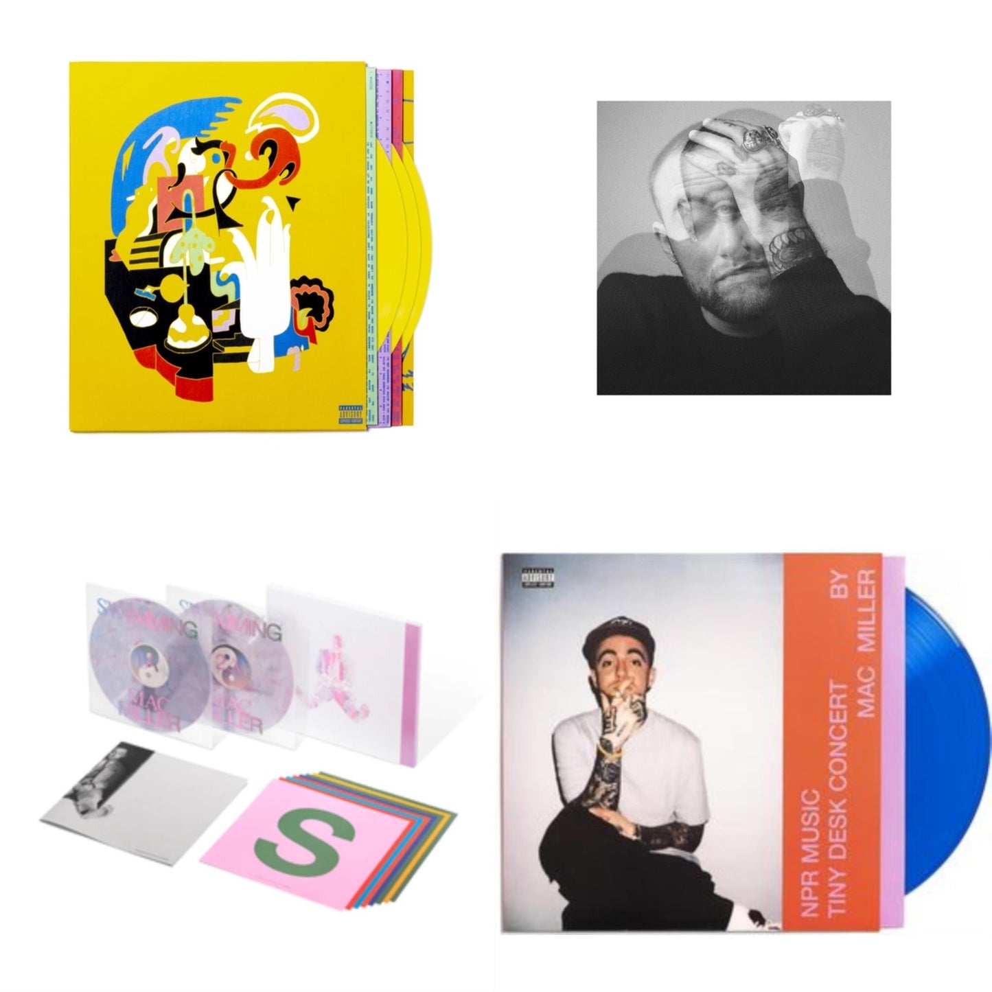 Mac Miller - Npr Music Tiny Desk Concert (Translucent Blue LP Vinyl/B-Side Etching/Insert) & Swimming (5 Year) (2LP/Milky Clear/Hot Pink/Sky Blue Marble Vinyl) & Faces (3LP/Yellow Vinyl) & Circles (2LP/Clear Vinyl)