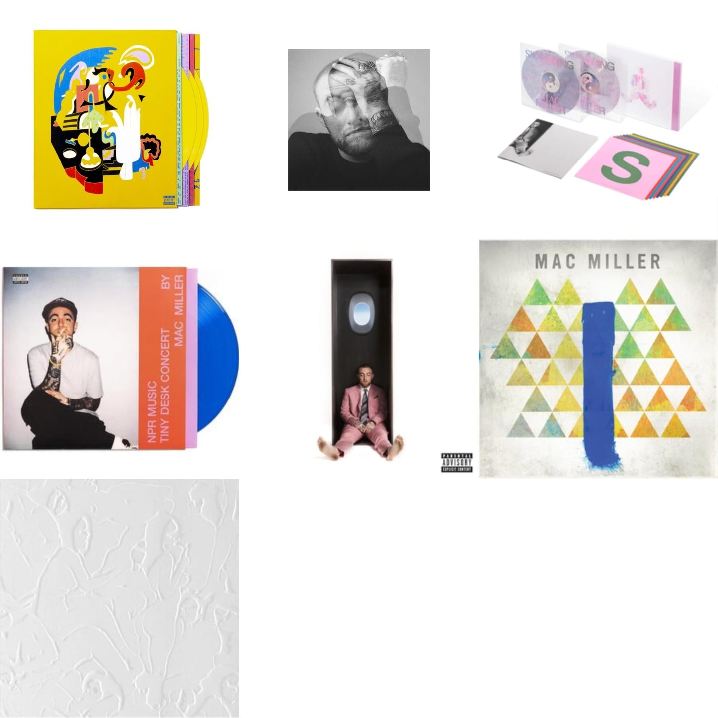 Mac Miller - Faces (3LP/Yellow Vinyl) & Circles (2LP/Clear Vinyl) & Swimming (5 Year) (2LP/Milky Clear/Hot Pink/Sky Blue Marble Vinyl) & Npr Music Tiny Desk Concert (Translucent Blue LP Vinyl/B-Side Etching/Insert) & Swimming (X) & Blue Slide Park &