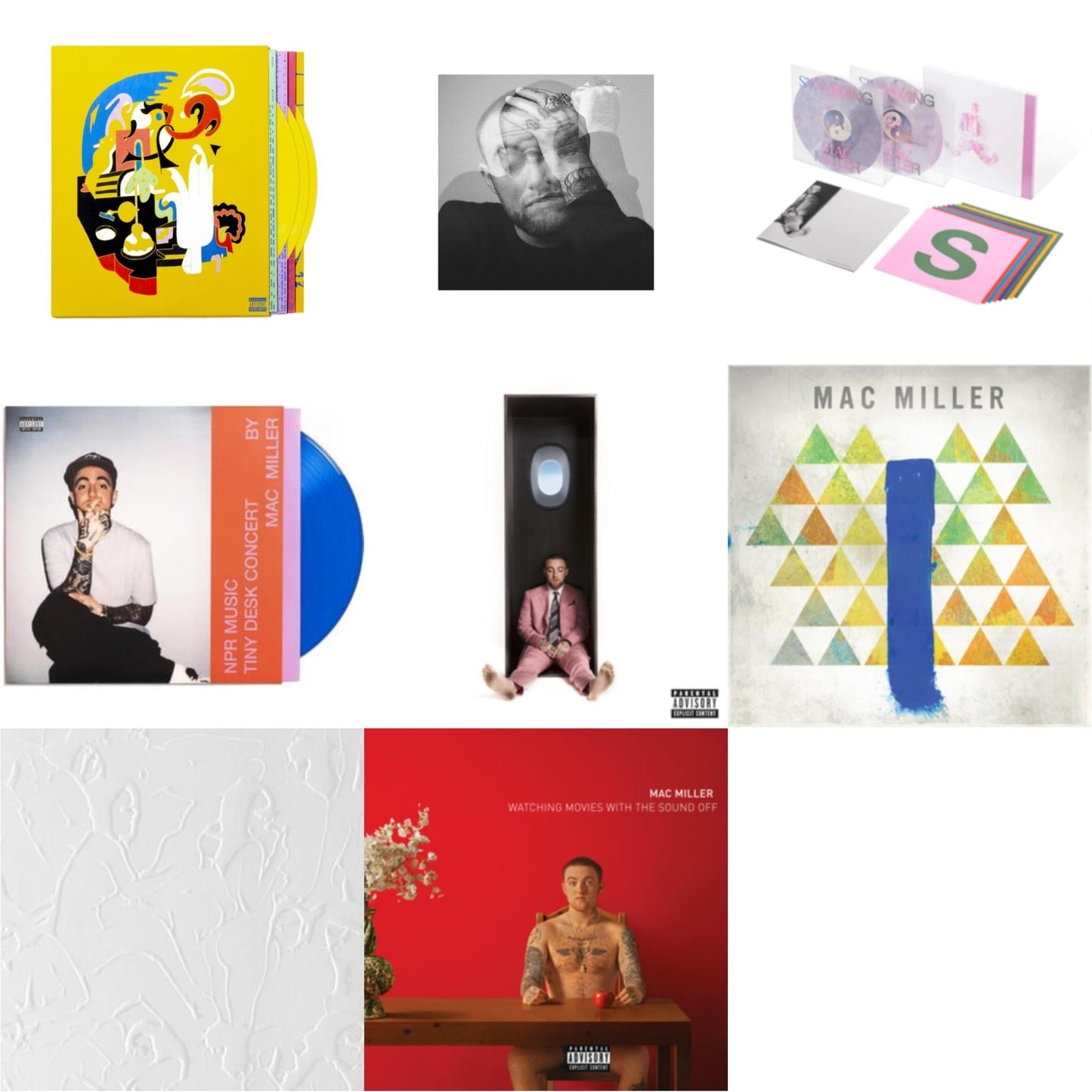 Mac Miller - Faces (3LP/Yellow Vinyl) & Circles (2LP/Clear Vinyl) & Swimming (5 Year) (2LP/Milky Clear/Hot Pink/Sky Blue Marble Vinyl) & Npr Music Tiny Desk Concert (Translucent Blue LP Vinyl/B-Side Etching/Insert) & Swimming (X) & Blue Slide Park &