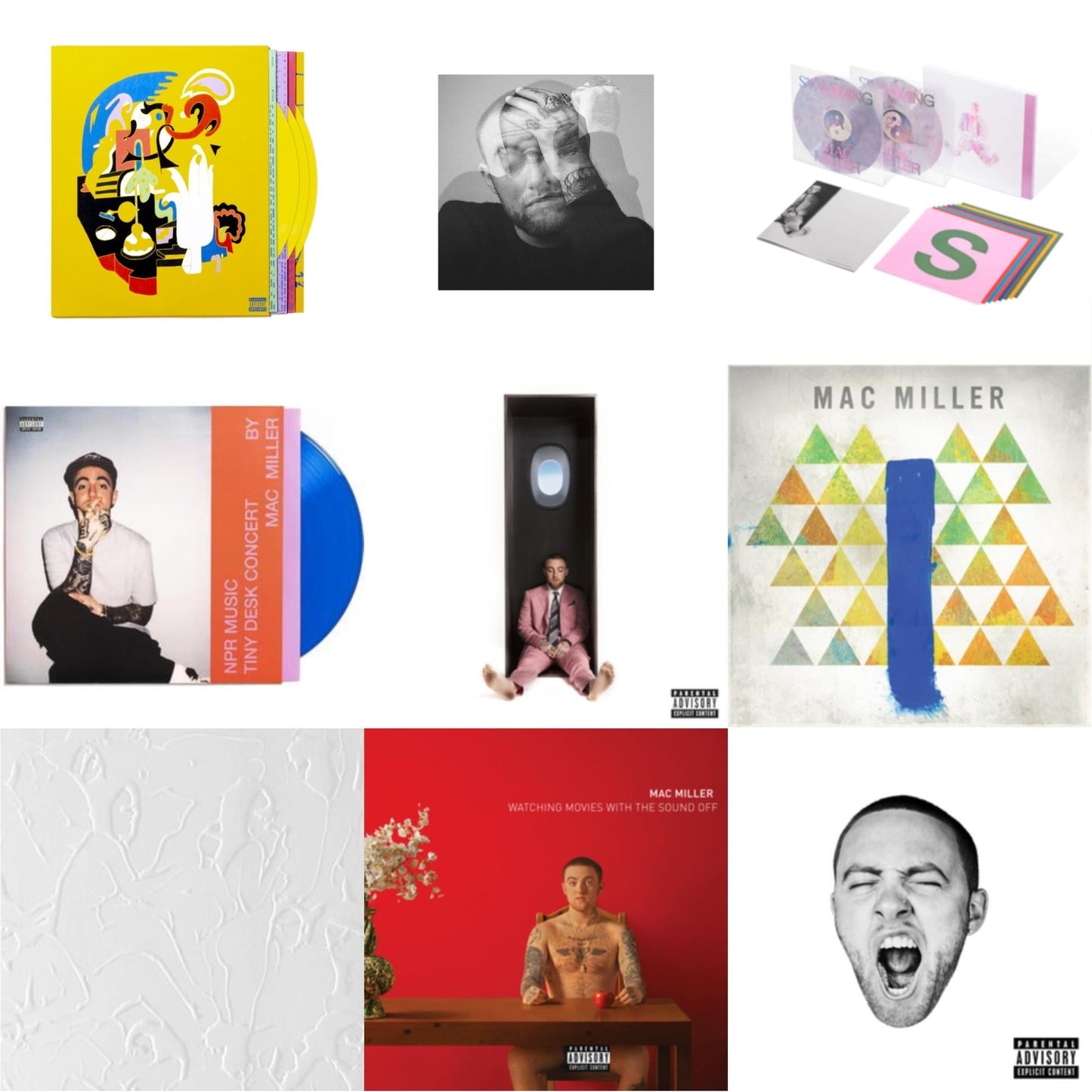 Mac Miller - Faces (3LP/Yellow Vinyl) & Circles (2LP/Clear Vinyl) & Swimming (5 Year) (2LP/Milky Clear/Hot Pink/Sky Blue Marble Vinyl) & Npr Music Tiny Desk Concert (Translucent Blue LP Vinyl/B-Side Etching/Insert) & Swimming (X) & Blue Slide Park &