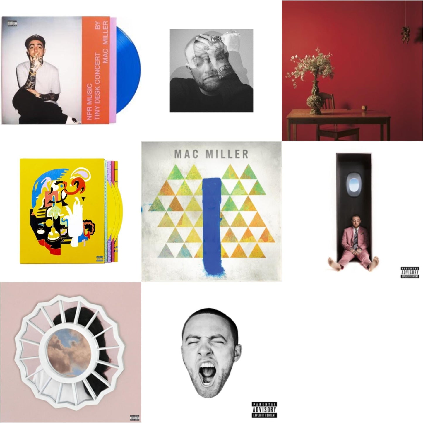 Mac Miller - Npr Music Tiny Desk Concert (Translucent Blue LP Vinyl/B-Side Etching/Insert) & Faces (3LP/Yellow Vinyl) & Swimming (X) & Circles (2LP/Clear Vinyl) & Divine Feminine (X) & Go:Od Am (X) & Watching Movies With The Sound Off (10 Year