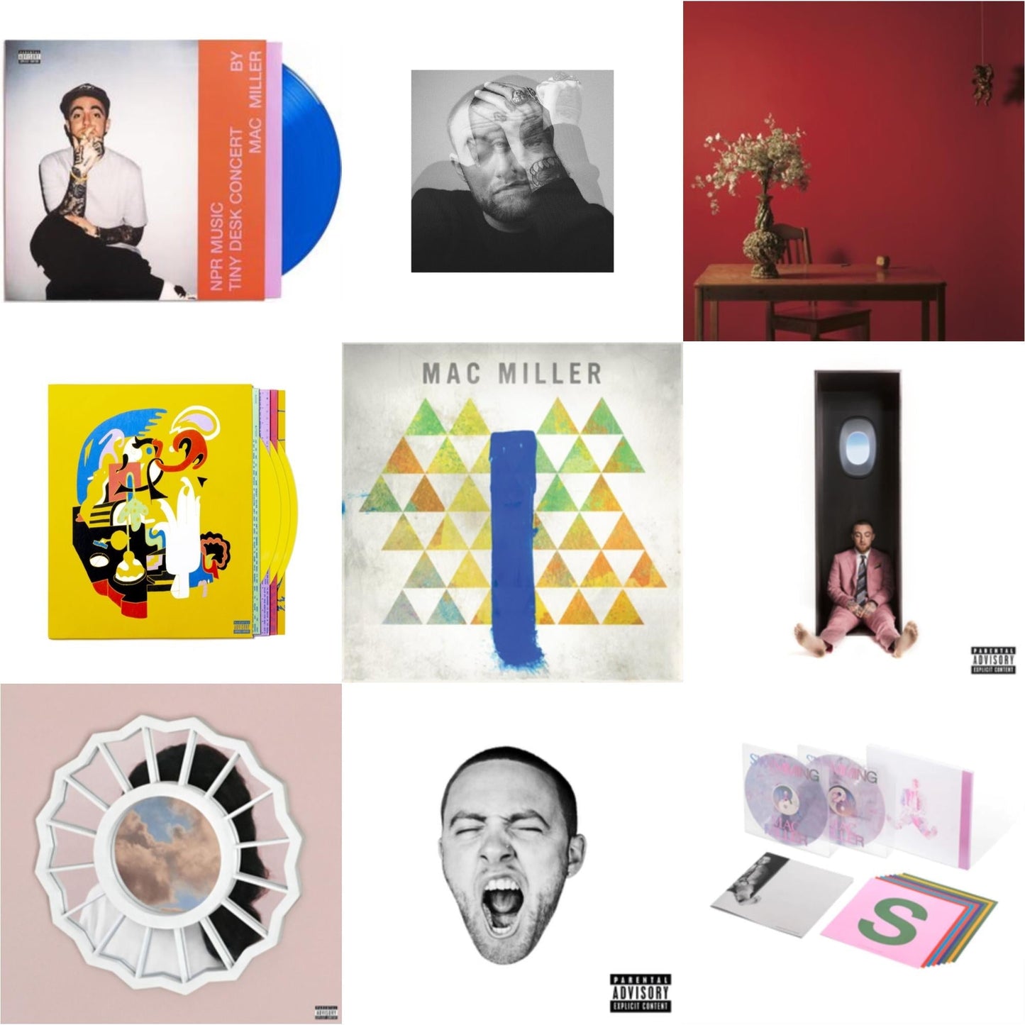 Mac Miller - Npr Music Tiny Desk Concert (Translucent Blue LP Vinyl/B-Side Etching/Insert) & Swimming (5 Year) (2LP/Milky Clear/Hot Pink/Sky Blue Marble Vinyl) & Faces (3LP/Yellow Vinyl) & Swimming (X) & Circles (2LP/Clear Vinyl) & Divine Feminine