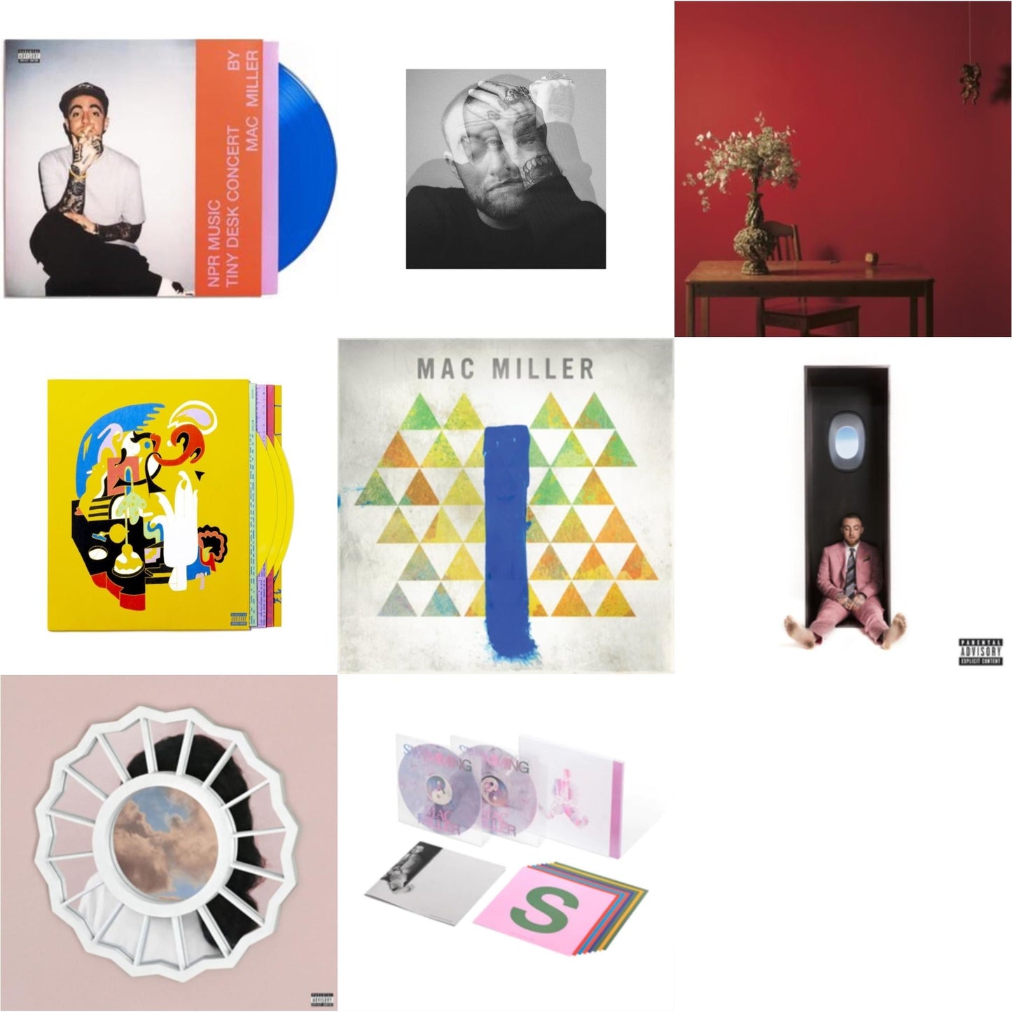 Mac Miller - Npr Music Tiny Desk Concert (Translucent Blue LP Vinyl/B-Side Etching/Insert) & Swimming (5 Year) (2LP/Milky Clear/Hot Pink/Sky Blue Marble Vinyl) & Faces (3LP/Yellow Vinyl) & Swimming (X) & Circles (2LP/Clear Vinyl) & Divine Feminine