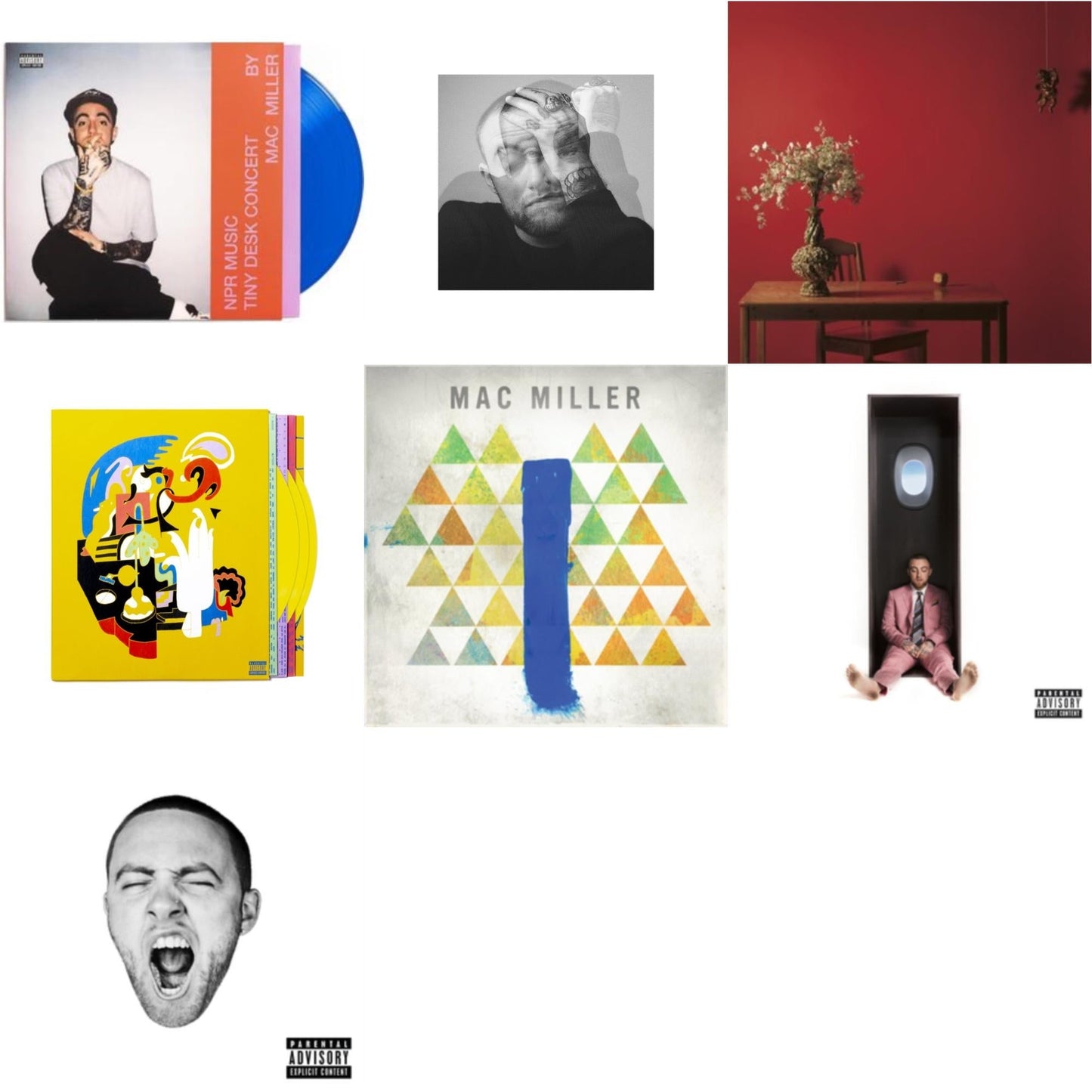Mac Miller - Npr Music Tiny Desk Concert (Translucent Blue LP Vinyl/B-Side Etching/Insert) & Faces (3LP/Yellow Vinyl) & Swimming (X) & Circles (2LP/Clear Vinyl) & Go:Od Am (X) & Watching Movies With The Sound Off (10 Year Anniversary/Galaxy