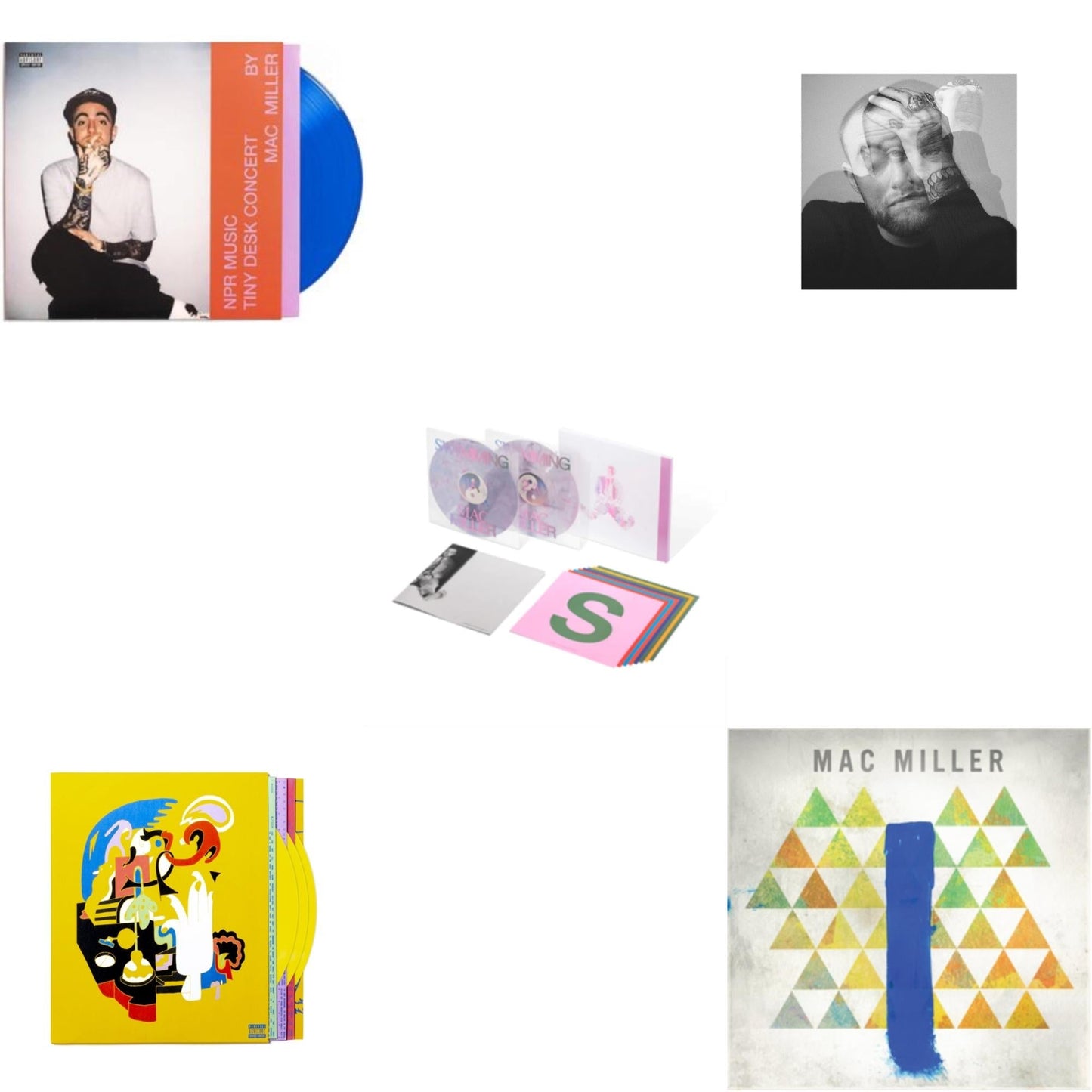 Mac Miller - Npr Music Tiny Desk Concert (Translucent Blue LP Vinyl/B-Side Etching/Insert) & Swimming (5 Year) (2LP/Milky Clear/Hot Pink/Sky Blue Marble Vinyl) & Faces (3LP/Yellow Vinyl) & Circles (2LP/Clear Vinyl) & Blue Slide Park